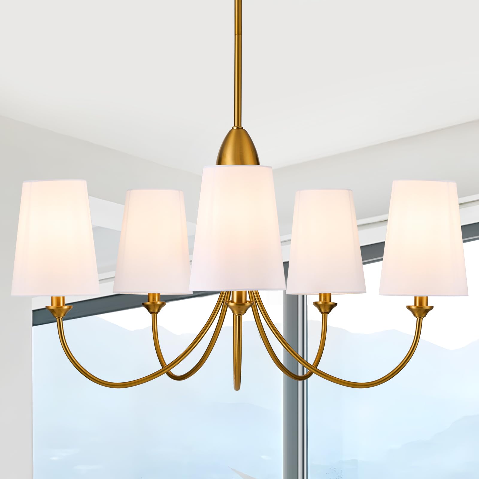 Gold Chandelier Light Fixture,5-Light Farmhouse Chandeliers for Dining Room with White Fabric Shade,30''Metal Modern Industrial lighting fixtures for Kitchen,Living Room, Bedroom, Foyer,Entryway