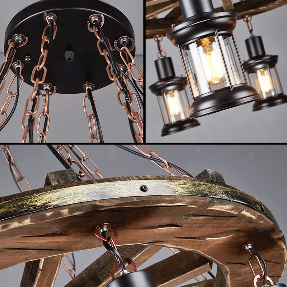 8 Lights Industrial Retro Wooden Chandelier Pendant Light Island Hanging Ceiling Fixture Vintage Farmhouse Wood Light Adjustable Chain for Home Cafe Bar Restaurant (39.4")