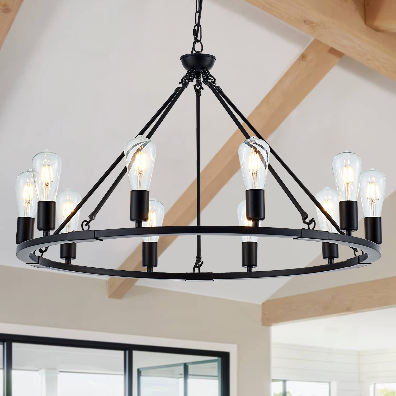 Black Farmhouse Wagon Wheel Chandelier 8-Light 23.6'' Vintage Industrial Round Hanging Ceiling Pendant Light Fixture for Kitchen Island Living Dining Room Bedroom Hallway Entryway Foyer