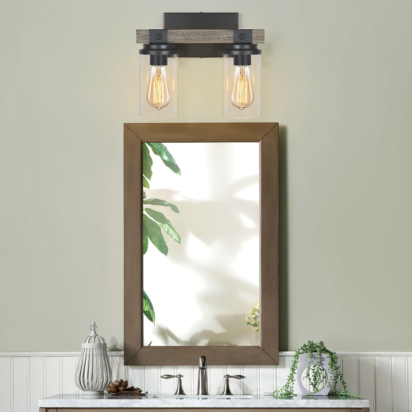 Farmhouse Bathroom Light Fixture Wood Black Vanity Lighting 2-Light Wooden Wall Sconce Industrial Rustic Wall Light Fixtures Over Mirror with Clear Glass Shade for Bathroom Hallway Kitchen Bedroom