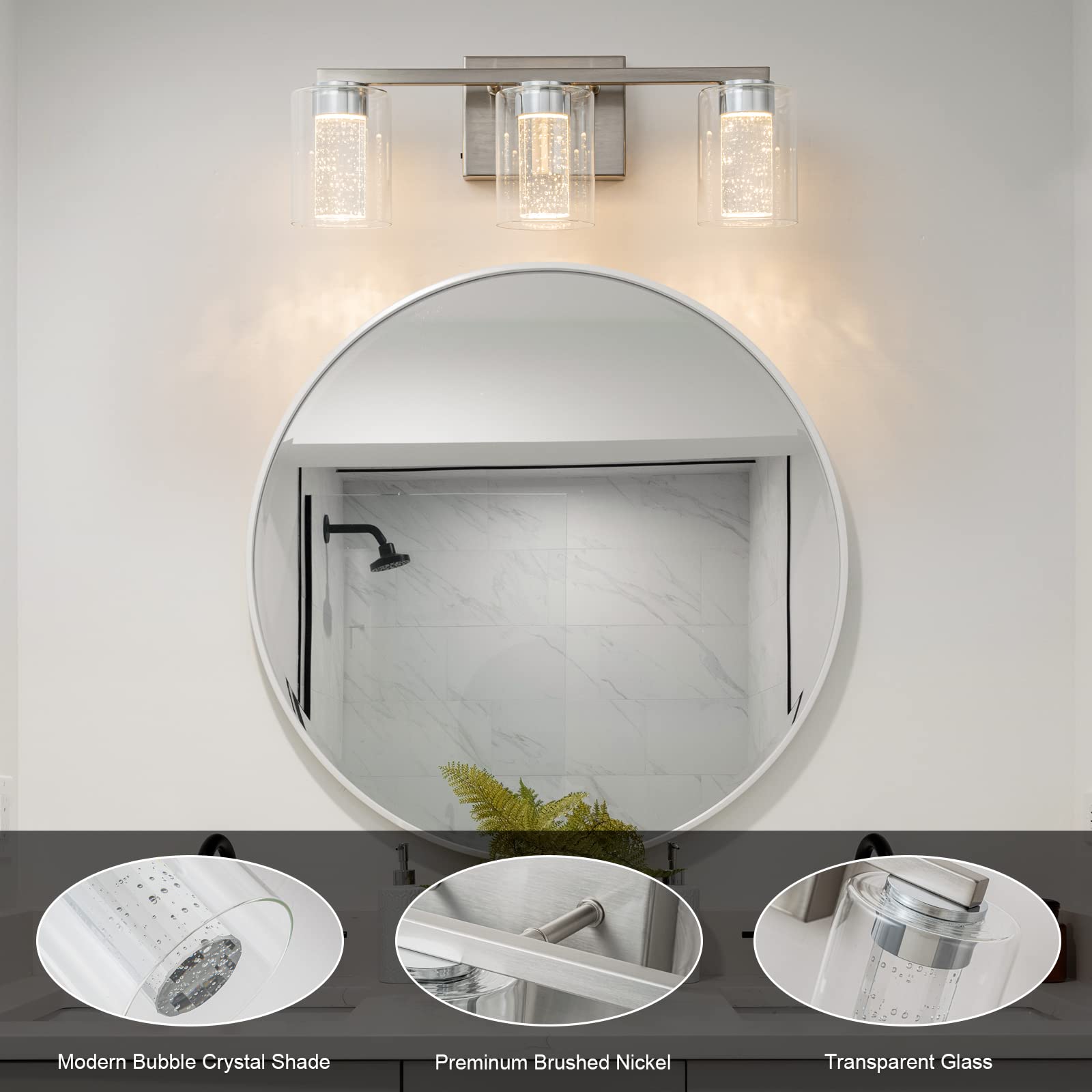 2-Light Brushed Nickel Vanity Light with 3 Color Modes (3000K/4000K/6000K), Eye Protection LED Bathroom Light Fixture, Dimmable Modern Wall Light Over Mirror with Clear Glass Shade