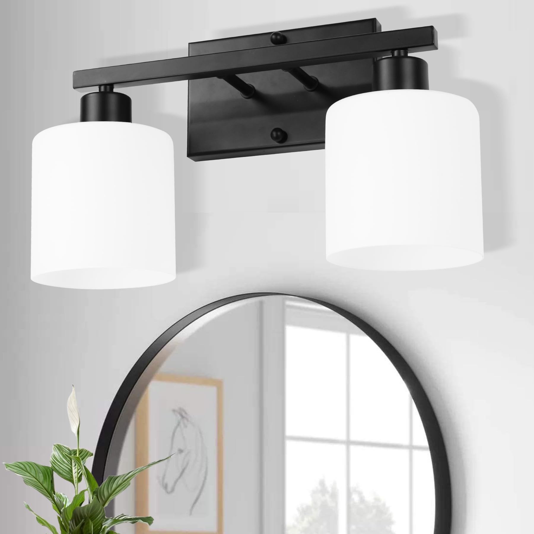 Black Bathroom Lighting Fixtures Over Mirror, Modern 2-Light Vanity Lights Fixtures, Rustproof Wall Sconces Light for Bedroom, Hallway, Milky White Glass Shades, E26 Base, Bulbs Not Included