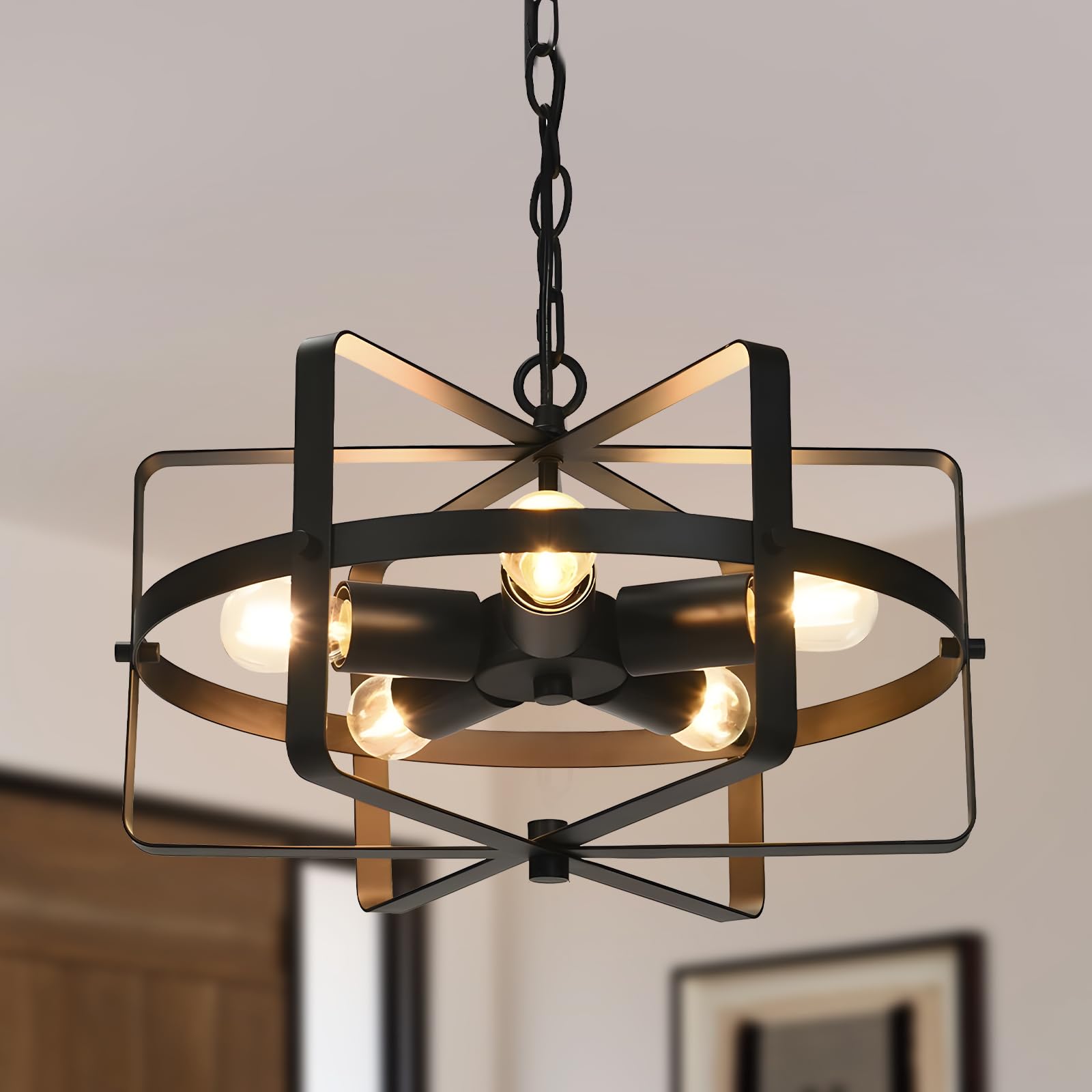 15.7" Industrial Style Chandelier, Geometric Black Metal Chandelier Lighting for Farmhouse Living Room Entryway, Vintage Hanging Pendant Light Fixture Kitchen Island (E12 Bulbs Not Included, 5 Light)