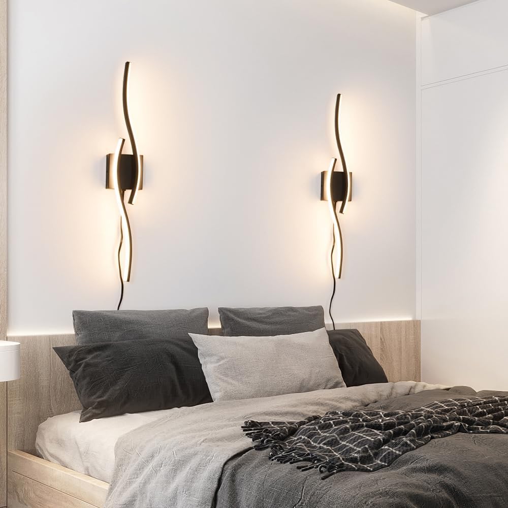 Plug in Wall Sconces Set of 2, Modern Plug in Sconce with Remote, Dimmable LED Wall Light, Wall Lamps with Plug in Cord for TV Wall Sconces, Black Sconce Lighting for Living Room, Hallway, Bedroom