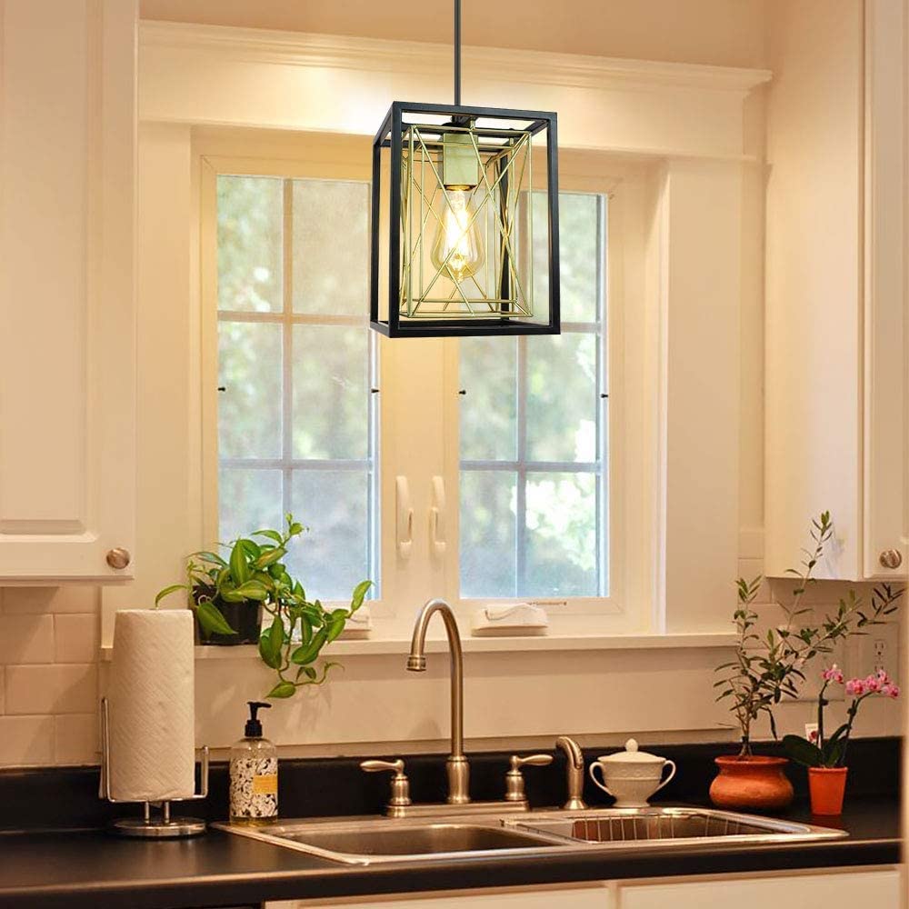 1 Light Black Lantern Pendant Light Fixture, Rustic Hallway Chandelier Lighting with Adjustable Cord, Rectangle Metal Cage Hanging Lights for Foyer/Kitchen Island/Bar/Entryway, 1XE26 Base