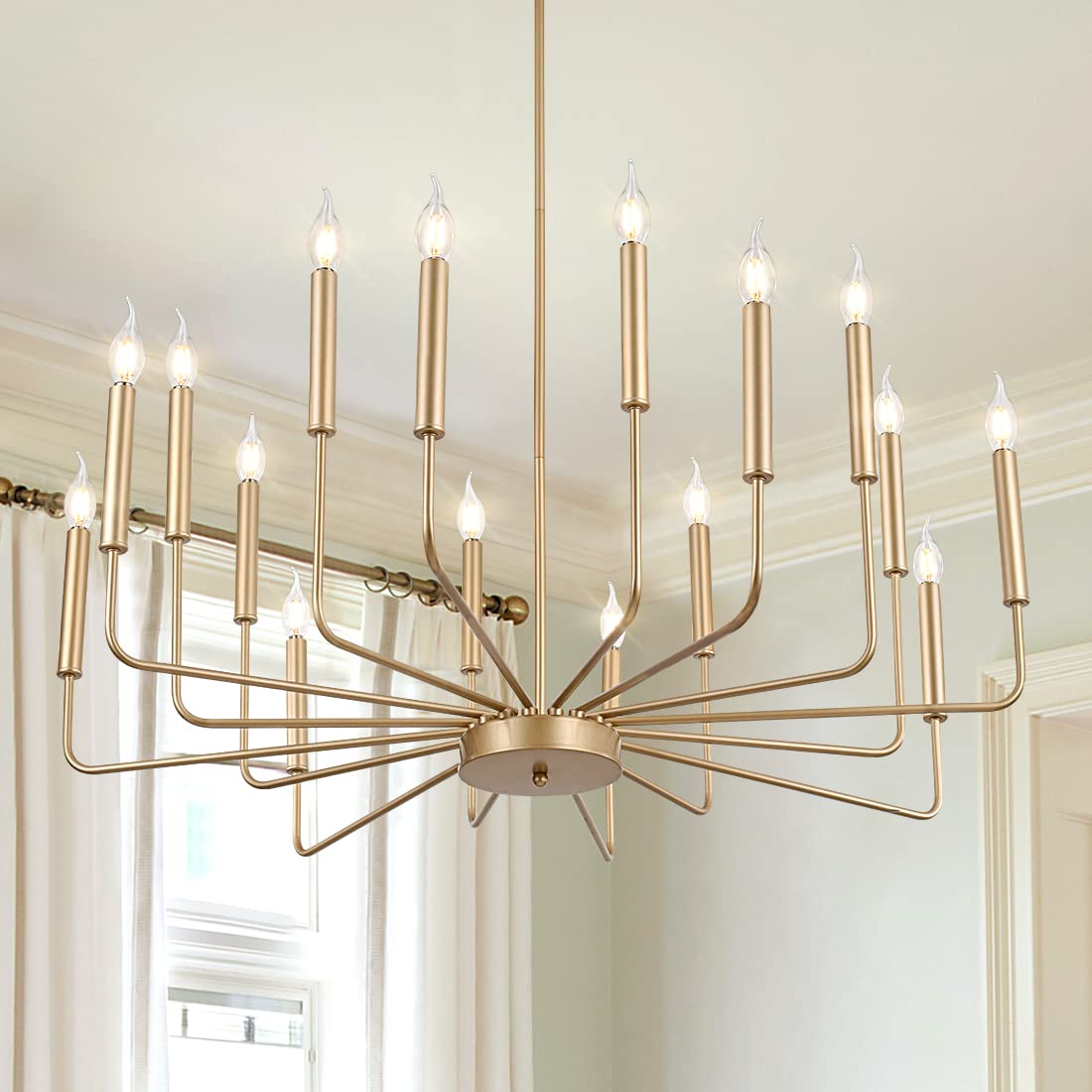 Modern Gold Chandelier, 12-Light Rustic Farmhouse Chandelier, Metal Industrial Candle Chandeliers for Dining Room, Kitchen, Foyer, Entryway, Living Room