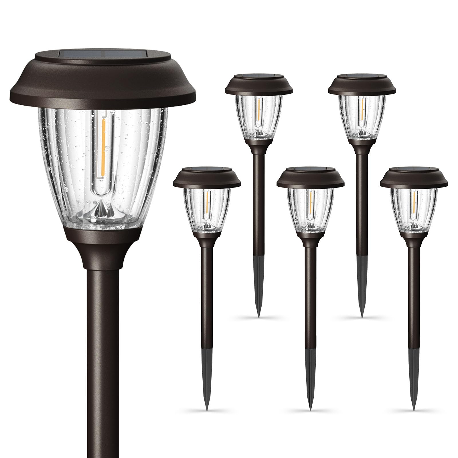 Solar Lights Outdoor 10/25 LM LED with 2 Lighting Modes, Solar Garden Lights Glass and Metal, IP65 Waterproof Solar Powered for Yard Pathway Walkway Driveway Patio (6 Pack, Warm White)