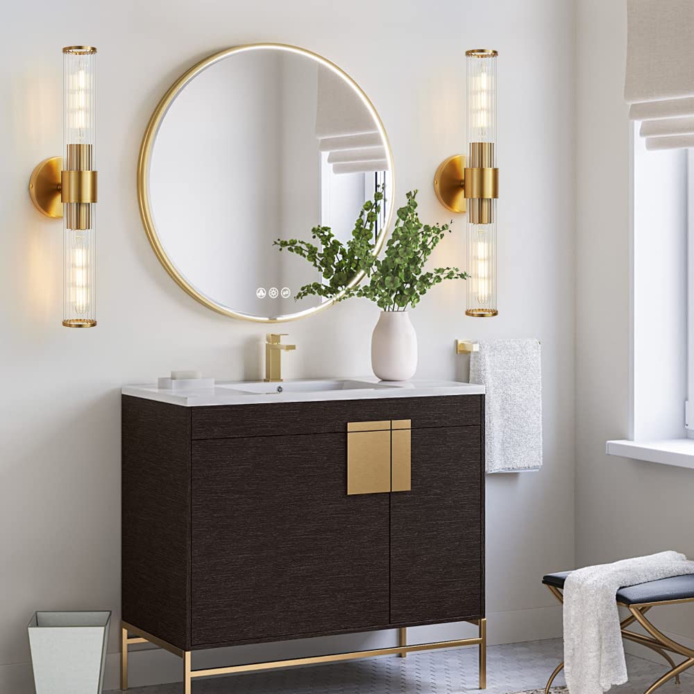 Gold Wall Sconce, Bathroom Light Fixtures in Clear Glass Indoor Wall Sconces, Modern Sconce Wall Lighting Up and Down Vanity Lights Fixtures for Bathroom,Living Room,Hallway, Kitchen