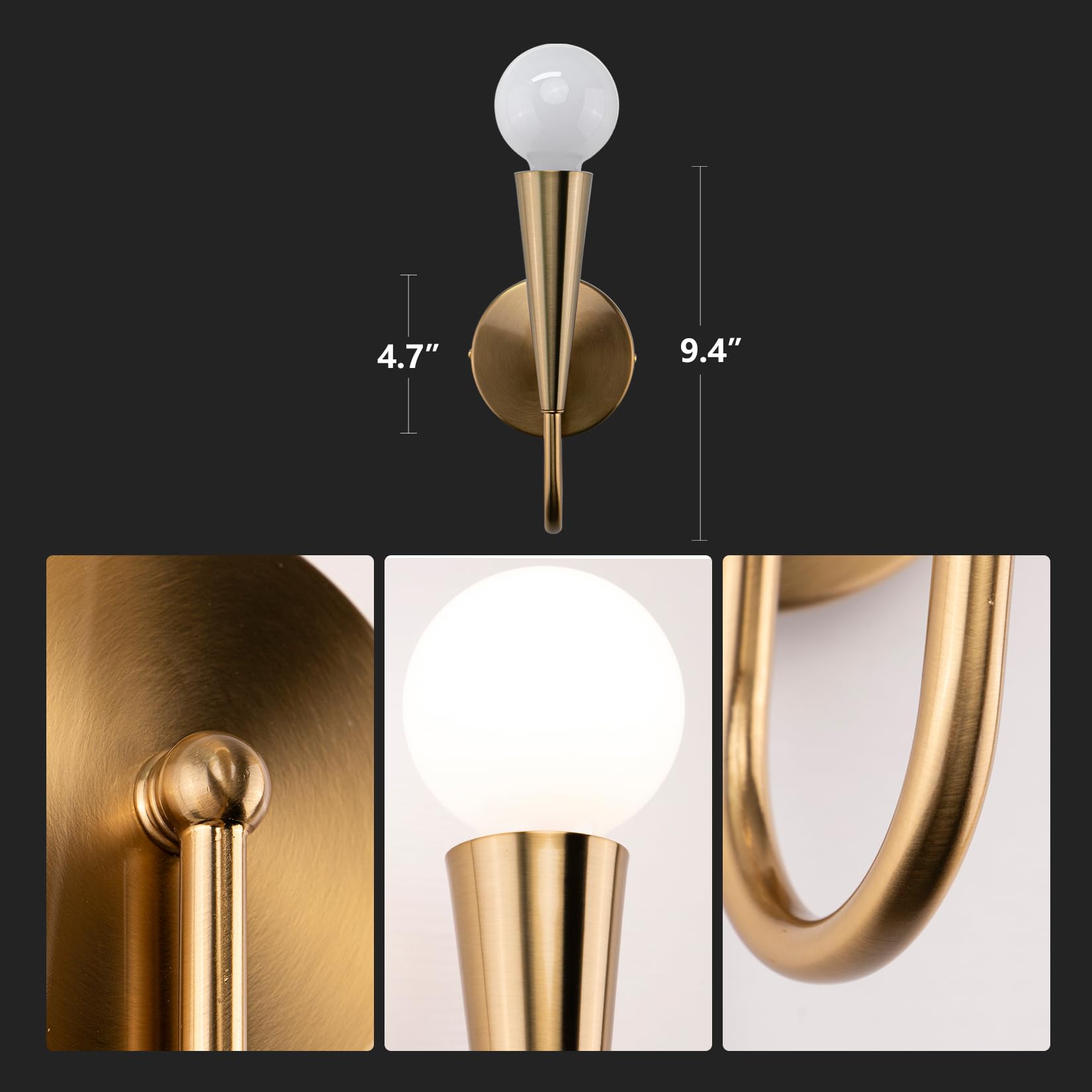 LED Gold Wall Sconce 2-Light Fixture Indoor Mid Century Wall lamp Vanity Light Fixture with Glass Shade for Bedroom Living Room Hallway Kitchen 22.4inch（Left-Short）