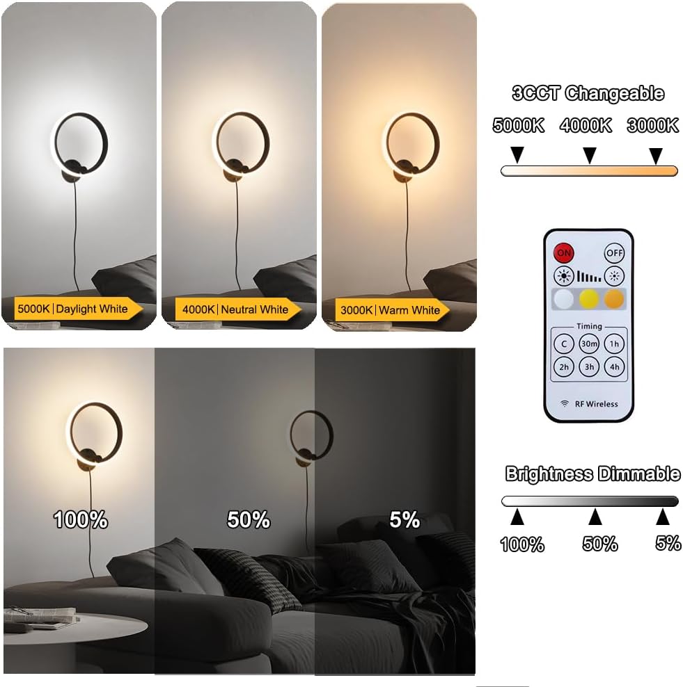 Modern Plug in Wall Sconces Set of 2, RC Dimmable LED Black Plug in Wall Light with Timer, Sconces Wall Lighting with Memory Function, Wall Mounted Light Plug in Cord On/Off for Living Room Bedroom