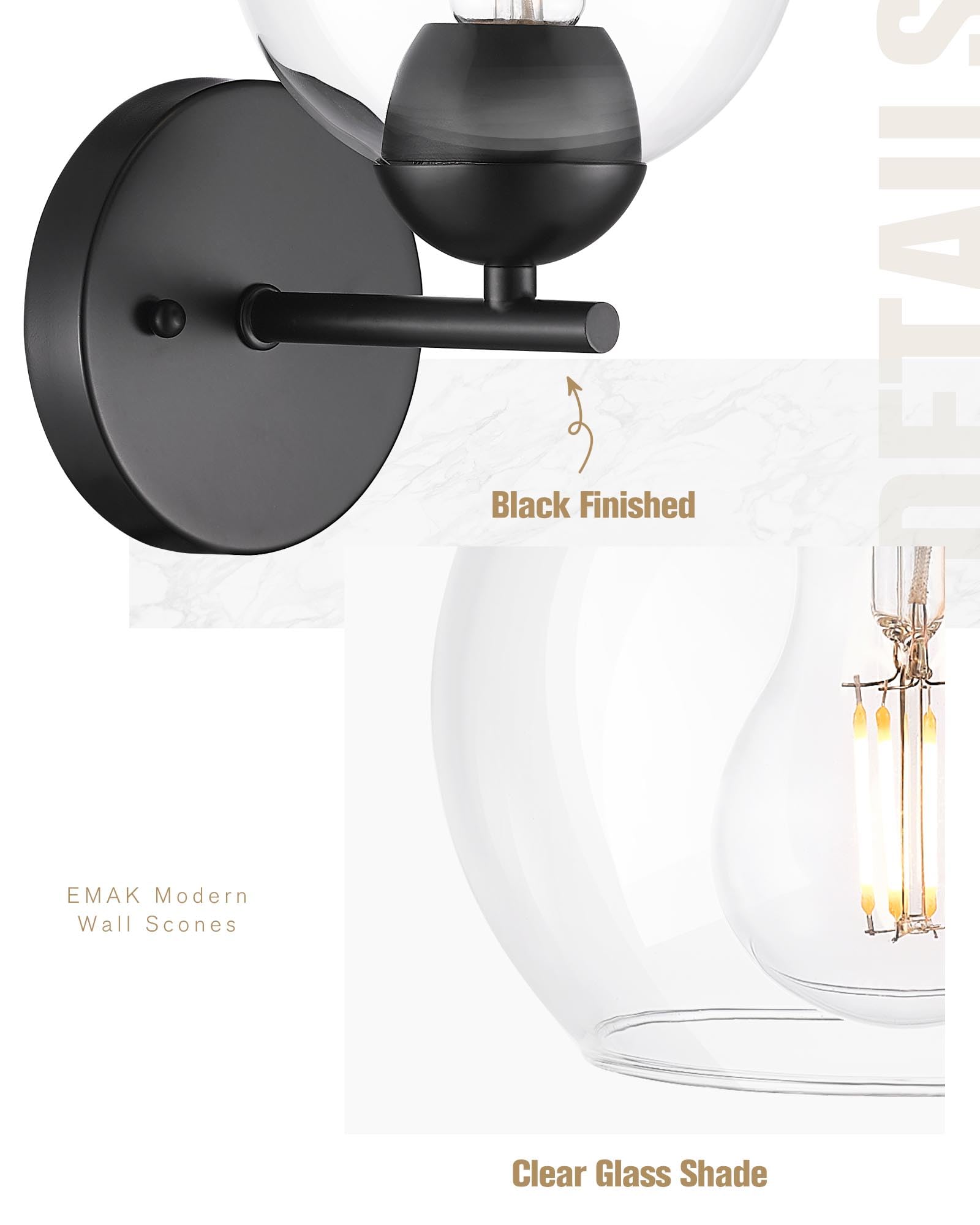 Black Vanity Lights for Mirror, Modern Farmhouse 2-Light Bathroom Light Fixtures Globe Bathroom Vanity Light with Milk Glass Shade, VL114-BK-ML-2