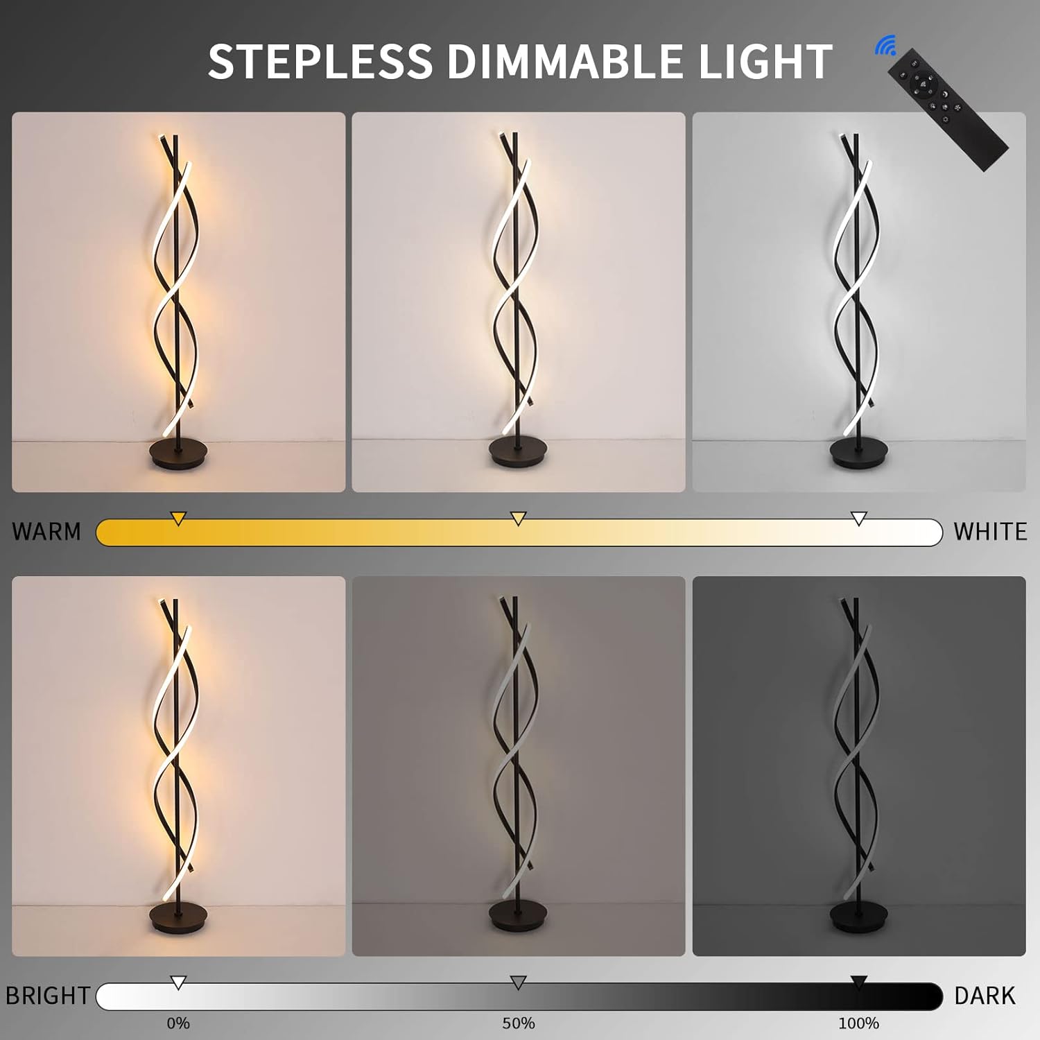 Modern Floor Lamps for Living Room Bright Lighting LED 33w 53in with Remote 3 Colors Dimmable Unique Office Corner Lamp Black Arc Spiral Floor Lamp