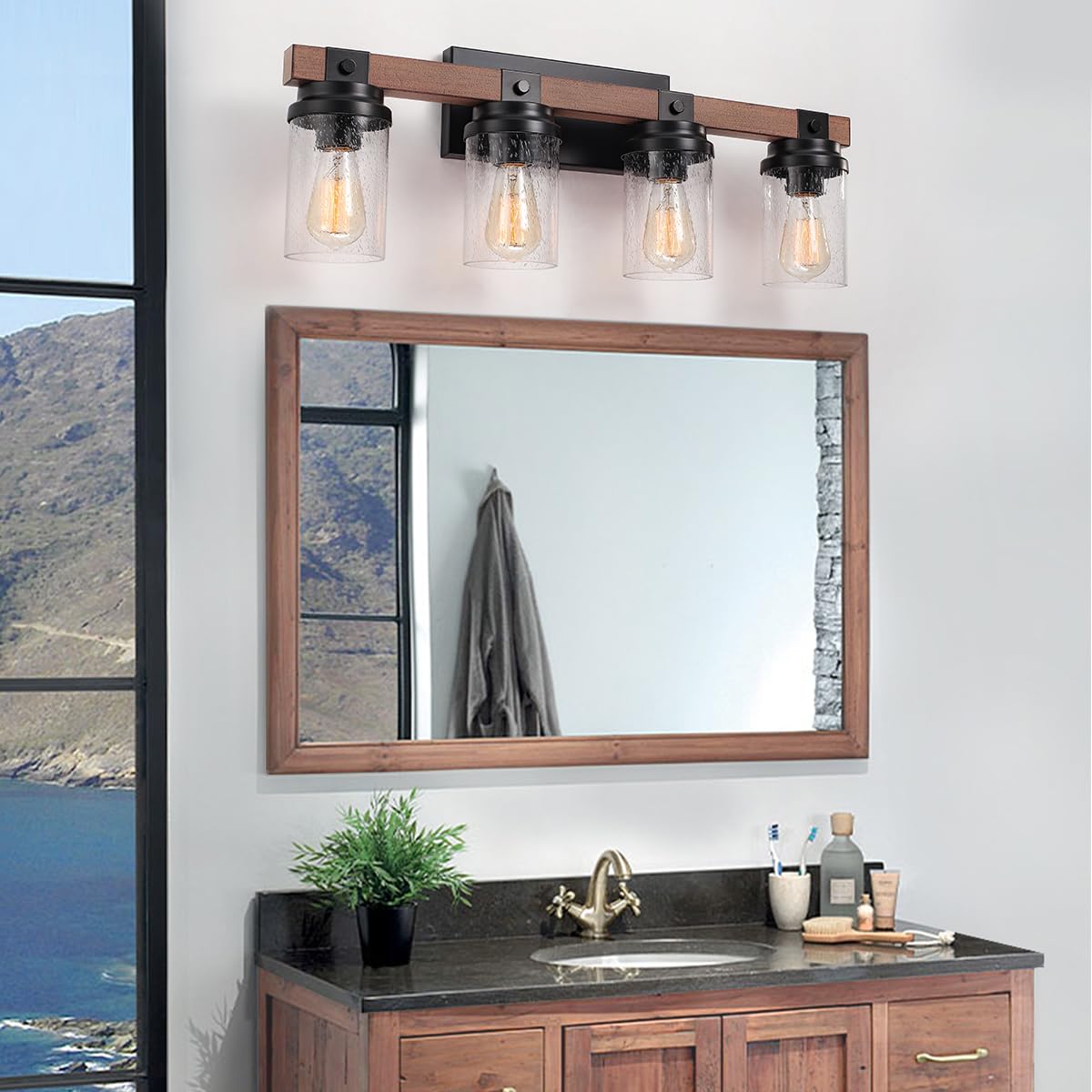 2-Light Farmhouse Vanity Lights for Bathroom, Rustic Bathroom Light Fixtures with Pretty Glass Shade, Black Industrial Wood Grain Wall Sconce for Bathroom Hallway Bedroom