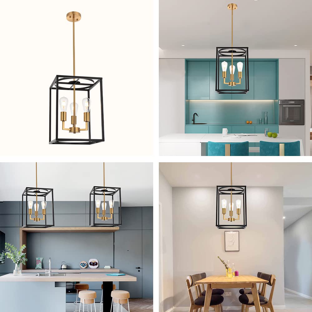 Modern 4 Light Farmhouse Chandelier Gold Linear Kitchen Island Pendant Light Traditional Rectangular Dining Room Lighting Fixture Hanging Metal Cage Pendant Lamp for Hallway Foyer