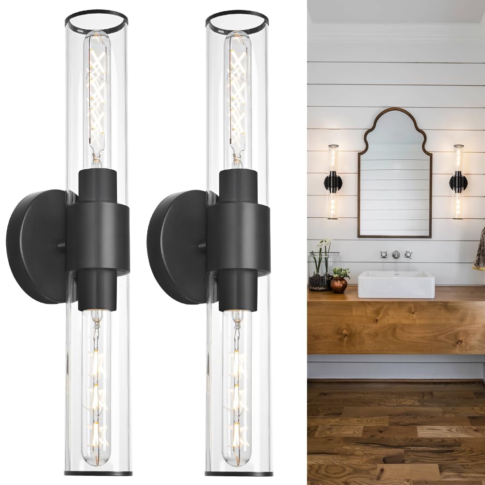 Black Vanity Lights for Mirror, Modern Bathroom Light Fixtures with Clear Glass Shade, 2-Light Cylinder Wall Sconce for Bathroom, Bedroom, Hallway