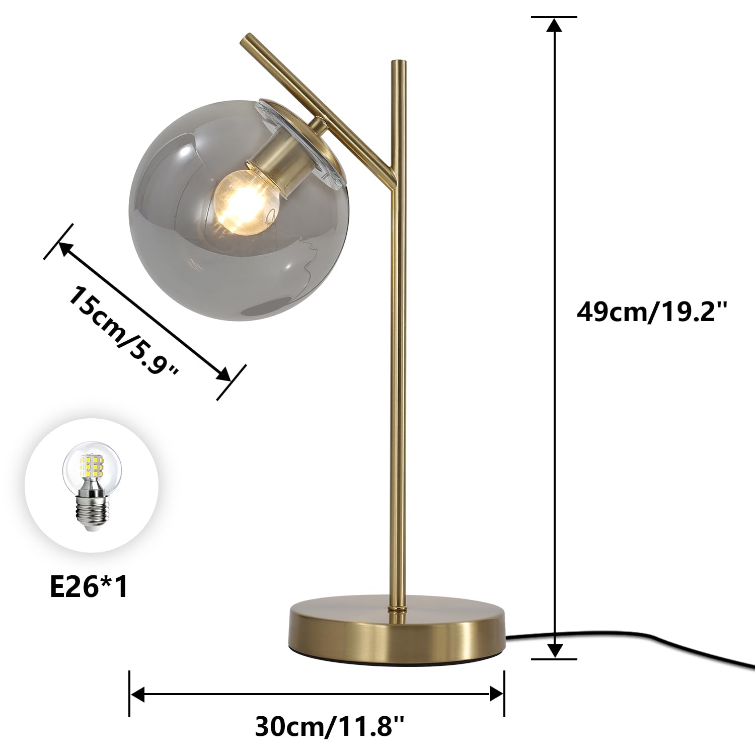 Globe Table Lamp 1 Light Brass Glass Globe Table Lamp Contemporary Metal Table Lamp Bedside Table lamp with Milky White Glass lampshade Bedroom Living Room Study Room(H19.2)