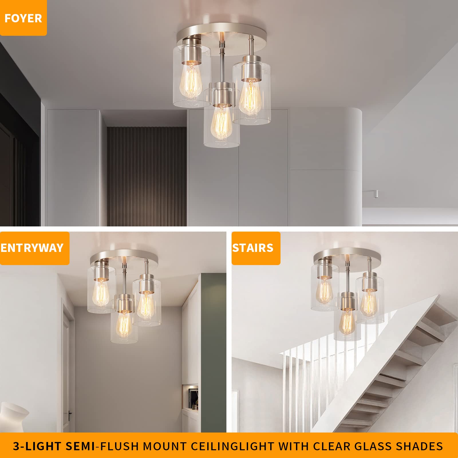 Semi Flush Mount Ceiling Light 3-Light Brushed Nickel Flush Mount Ceiling Light Fixtures with Clear Glass Shade, Modern Kitchen Ceiling Light for Bedroom Stairs Porch Hallway Entryway