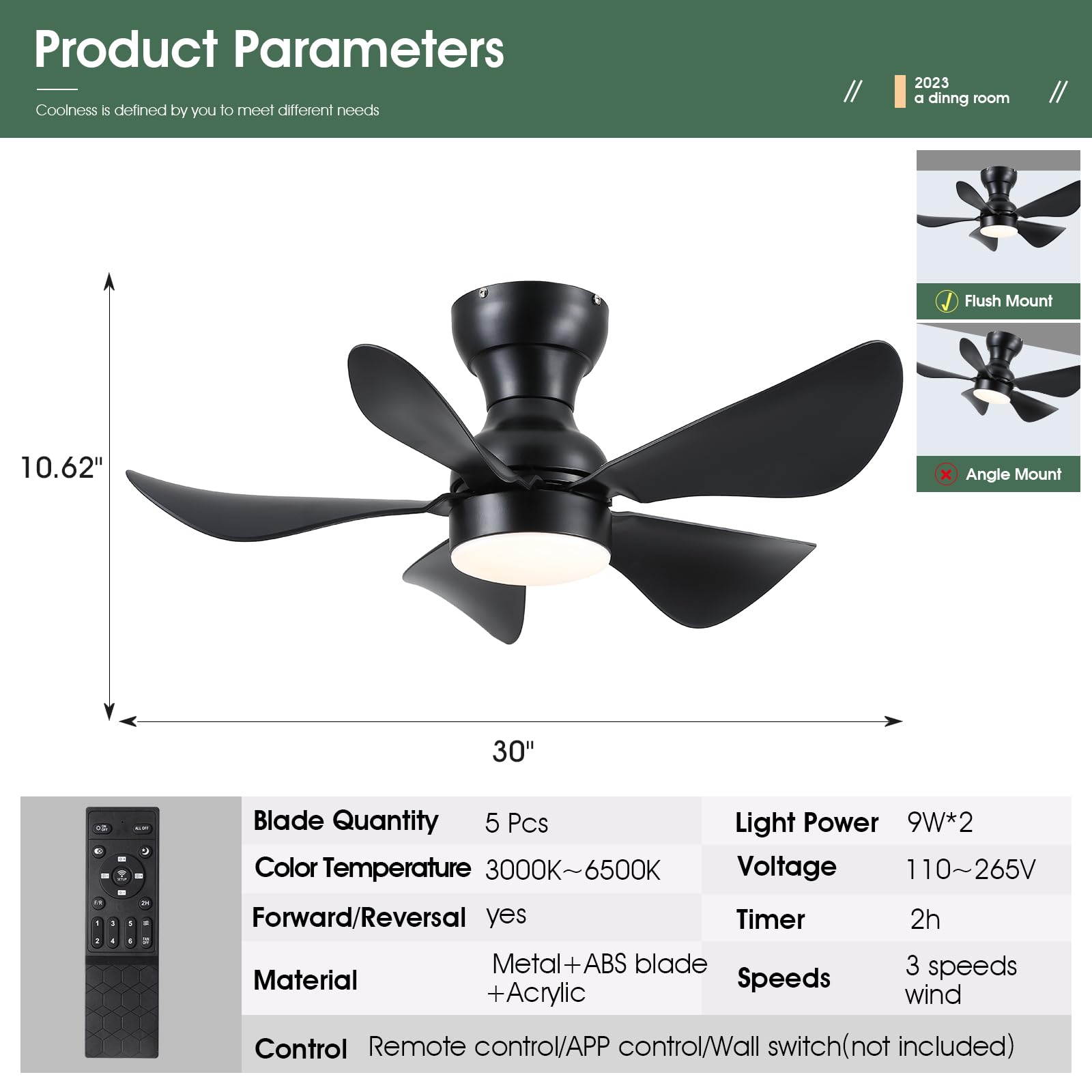 Ceiling Fans with Lights and Remote/APP Control, 30 inch Low Profile Ceiling Fans with 5 Reversible Blades 3 Colors Dimmable 6 Speeds Ceiling Fan for Bedroom Kitchen Dining Room, White