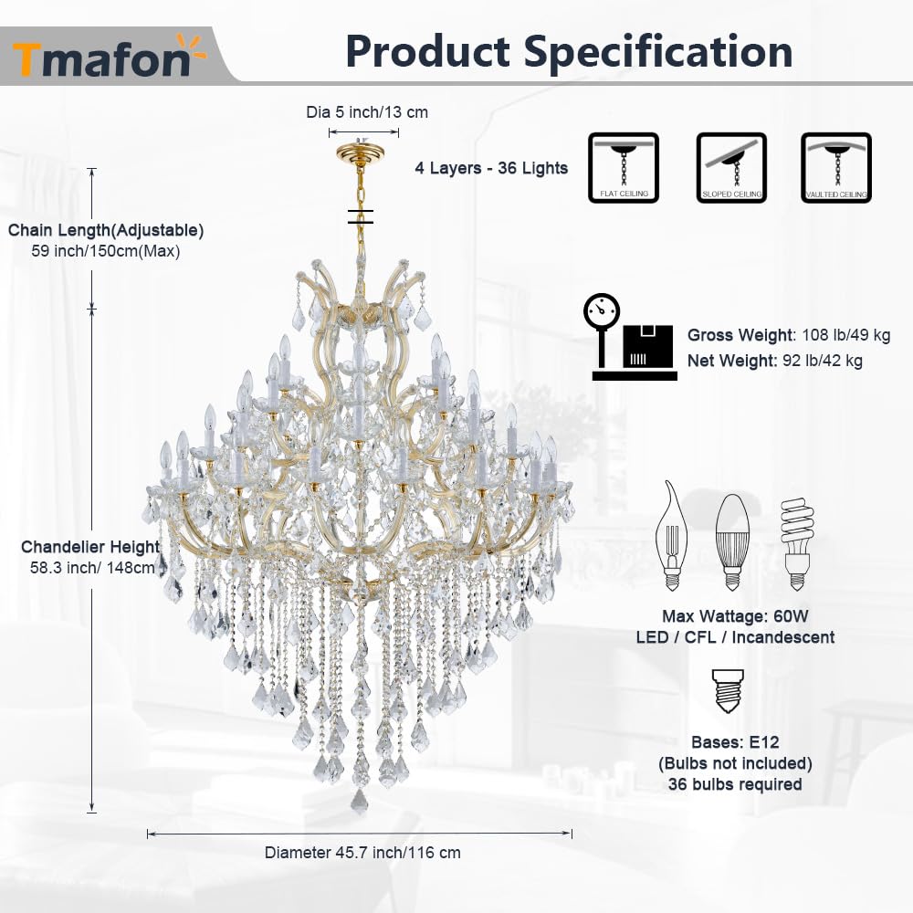 Large Gold Chandelier Light Fixtures - 36 Lights, 4 Layers Modern Crystal Chandeliers for Hotel, Lobby, Foyer, Entrance Hall, Staircase