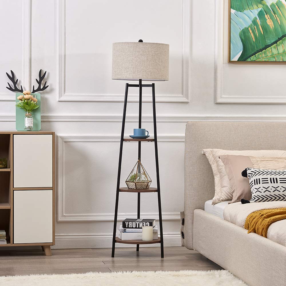 Floor Lamp, Standing Reading Light with Faux Marble Shelves and Fabric Shade, Modern Tall Pole, Accent Furniture Décor Lighting for Living Room, Bedrooms