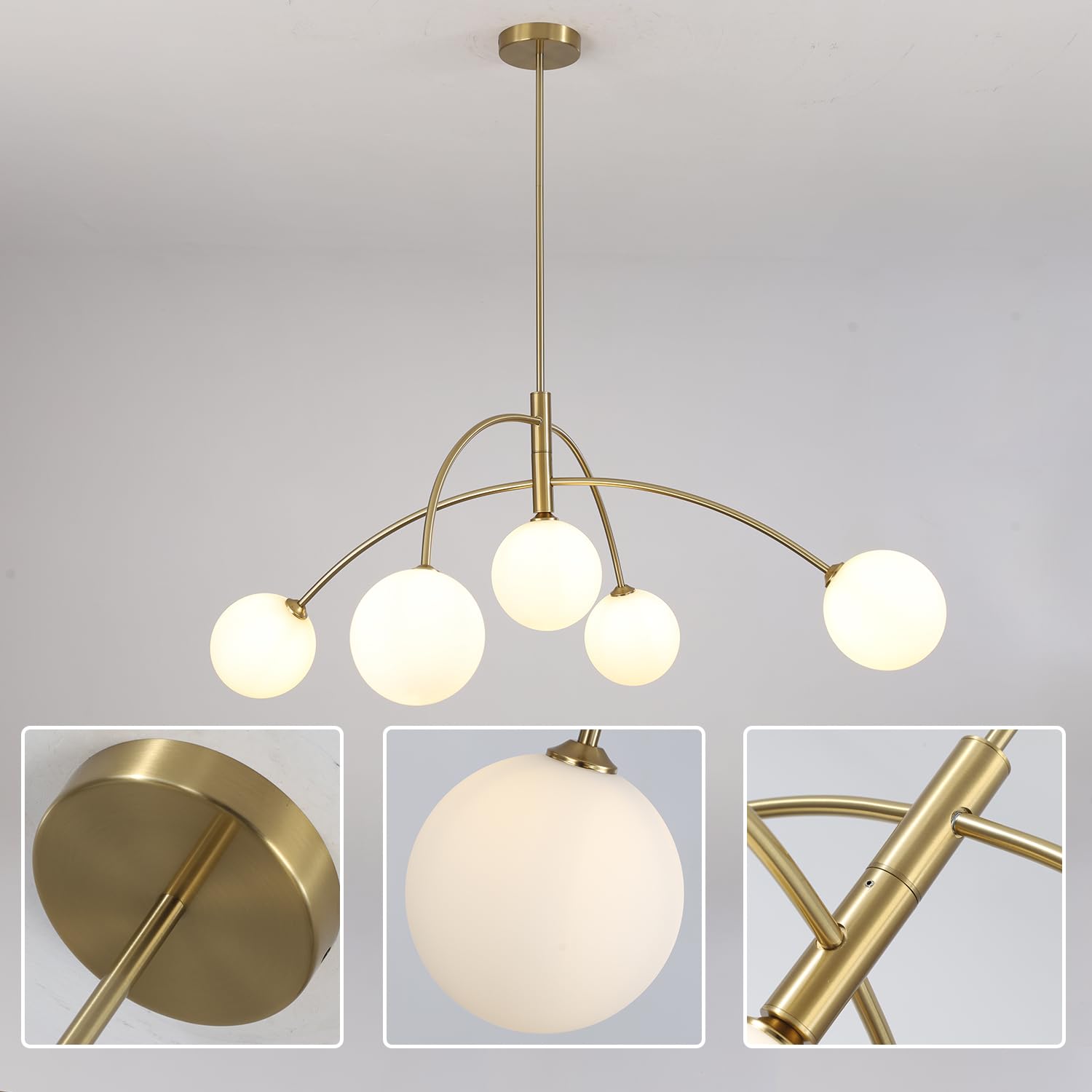 5 Light Modern Brass Chandelier Fixture White Clear Globe Glass Shade Pendant Light Gold Kitchen Ceiling Large Chandelier for Dining Room Kitchen Bedroom