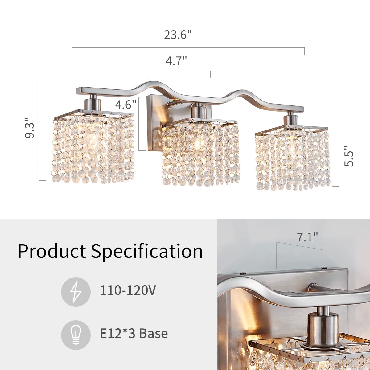 WUZUPS Crystal Chandelier 4-Light Linear Raindrop Pendant Ceiling Light Modern Lighting Fixture for Bedroom Dinning Room Bar Kitchen Island, H8.7'' W4.7'' L30.5, E12 Base, Nickel