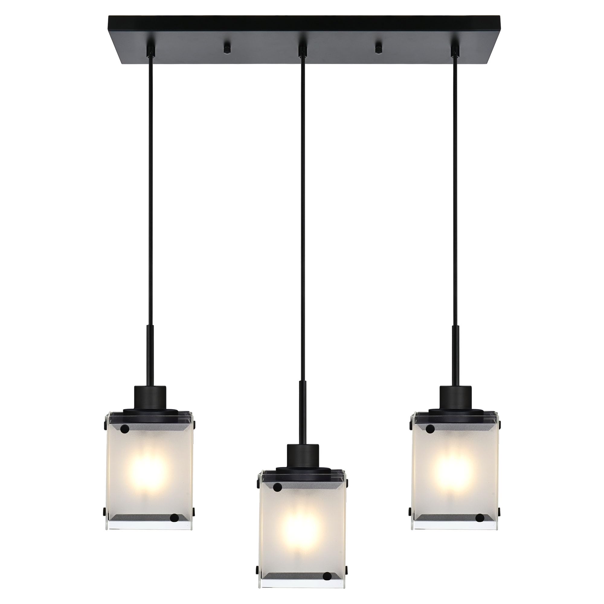 Black Pendant Lights Kitchen Island, 3-Light Dining Room Light Fixtures Hanging Contemporary Linear Chandeliers for Dining Room Hallway with Rectangular Frosted Glass Shade