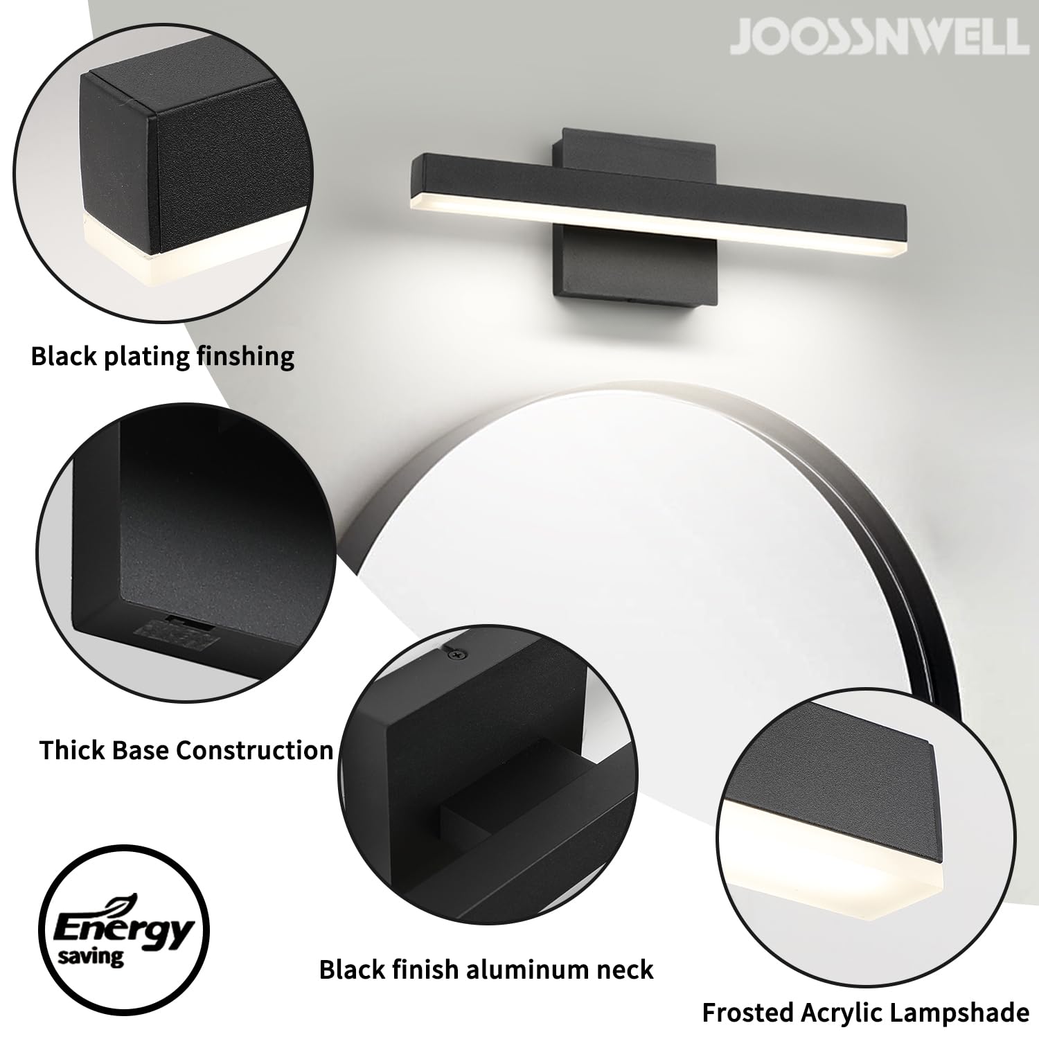 Joossnwell LED Bathroom Vanity Lighting Fixture Modern Bath Light Bar 15.75inch Black Wall Sconce 12W 4000K