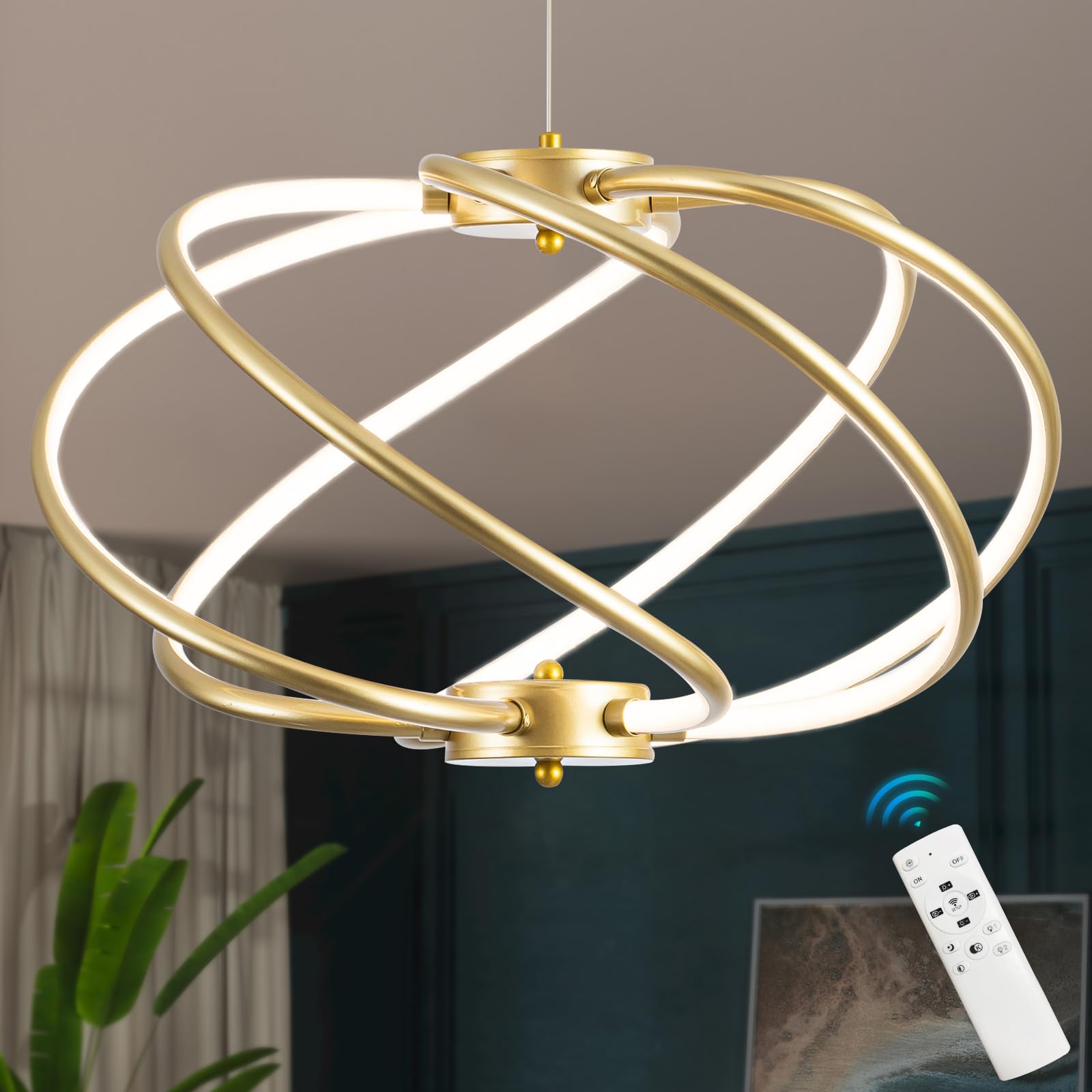 Modern LED Chandelier Gold Pendant Light Dimmable Contemporary Chandeliers for Dining Room Kitchen Living Room Foyer Entryway 3000K-6000K