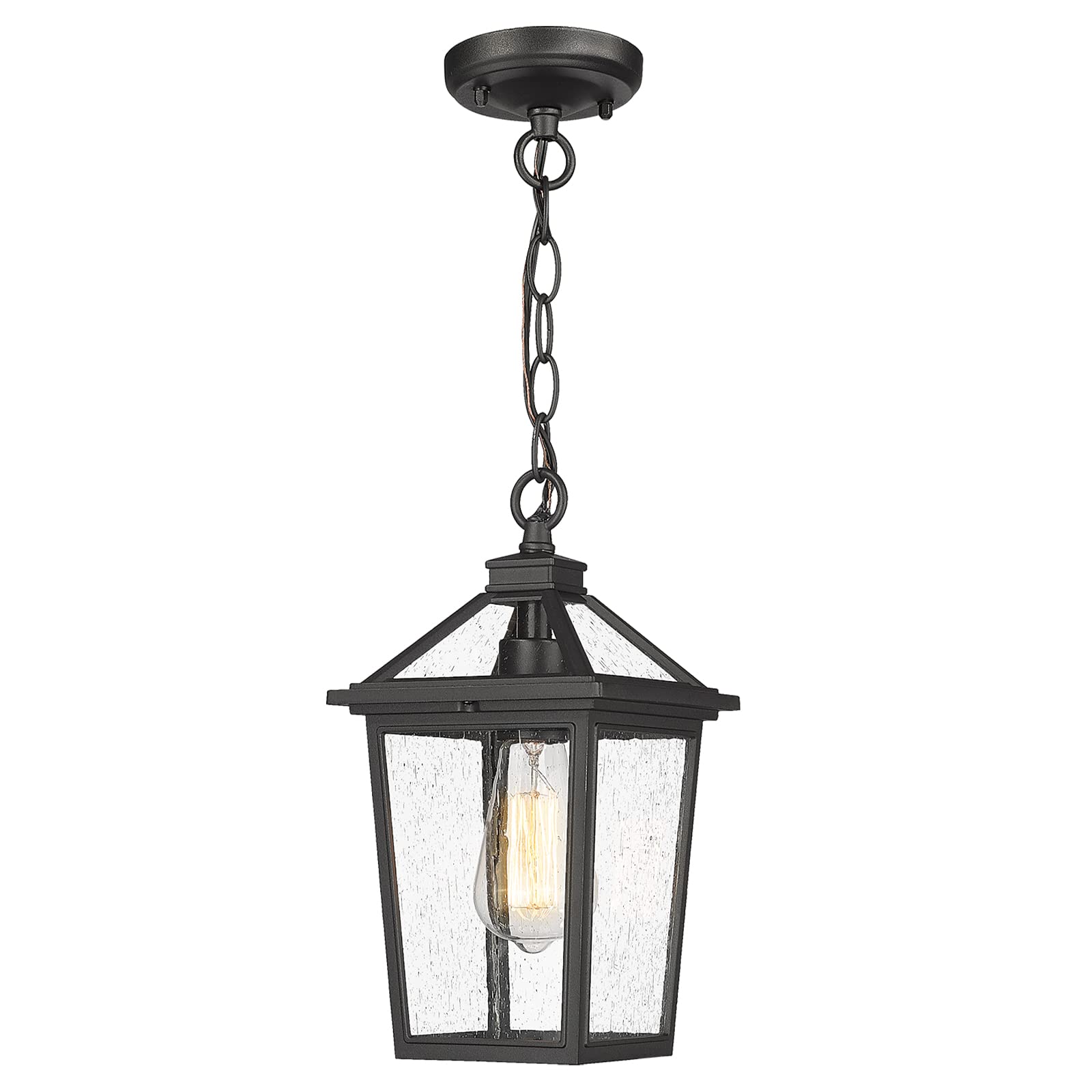 Farmhouse Outdoor Ceiling Hanging Light, 12 Inch Industrial Pendant Light Fixture for Front Porch, Die-Cast Aluminum in Black Finish with Seeded Glass, ZX58H BK