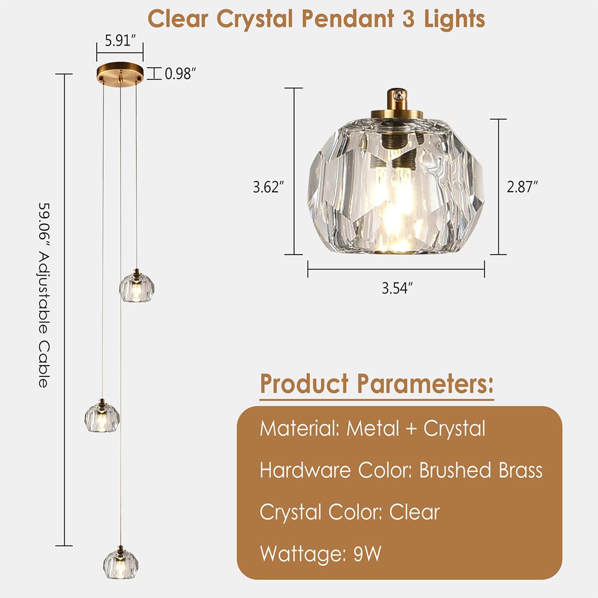 3-Light Cut Pendant Light Fixtures, 9W Brass Ceiling Pendant Lighting, Clear Prism Crystal Hanging Lamps LED Lights for Kitchen Island Dining Room