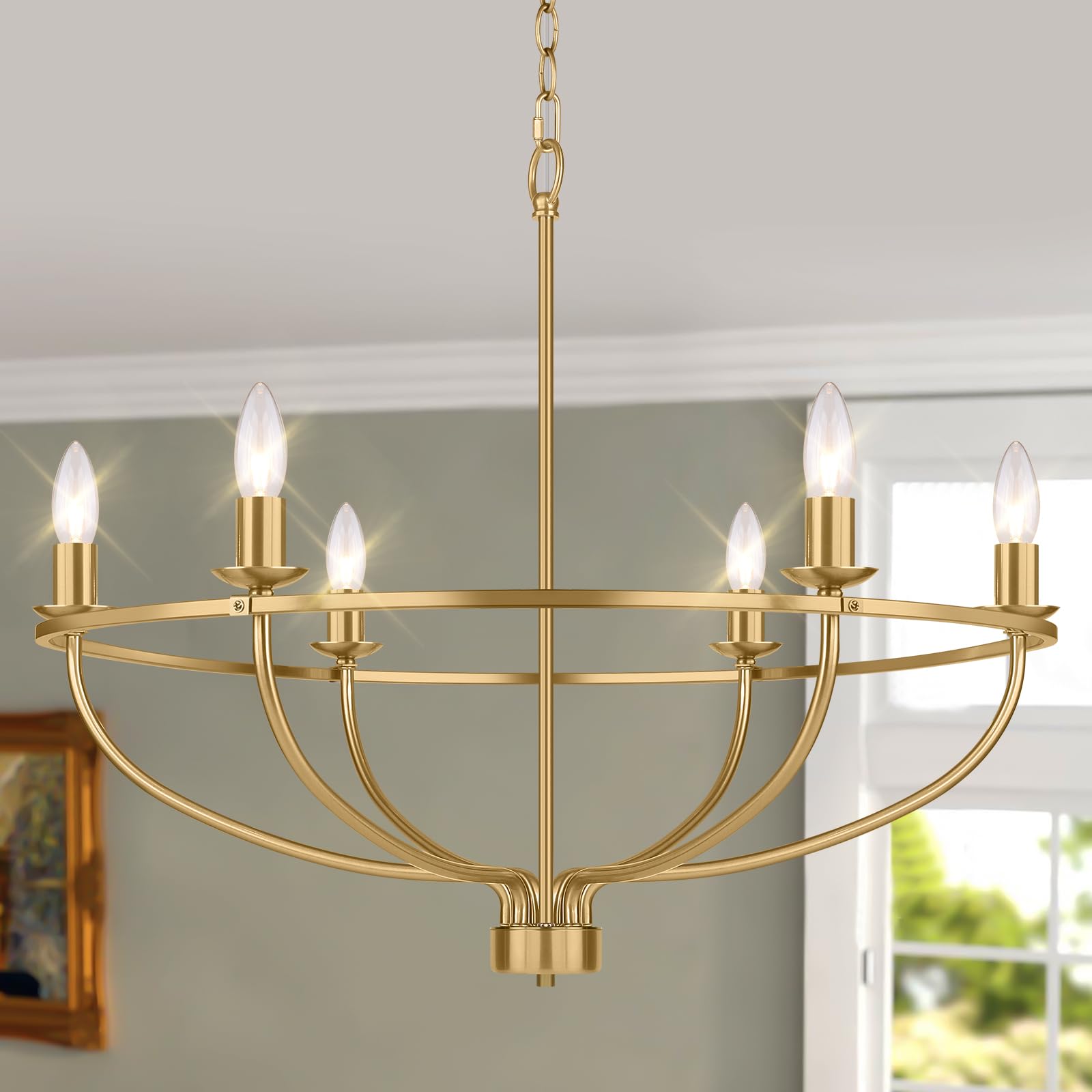 6-Light Gold Chandelier Light Fixture, Vintage Dining Room Light Fixtures Over Table, Modern Brass Chandelier Adjustable Height E12 Base, Metal Candle Ceiling Hanging for Kitchen Living Room Hallway