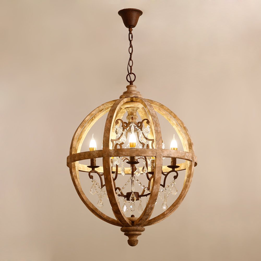 New 24" Wide Retro Rustic Weathered Wooden Globe Chandelier Crystal 5-Light Pendant Lighting