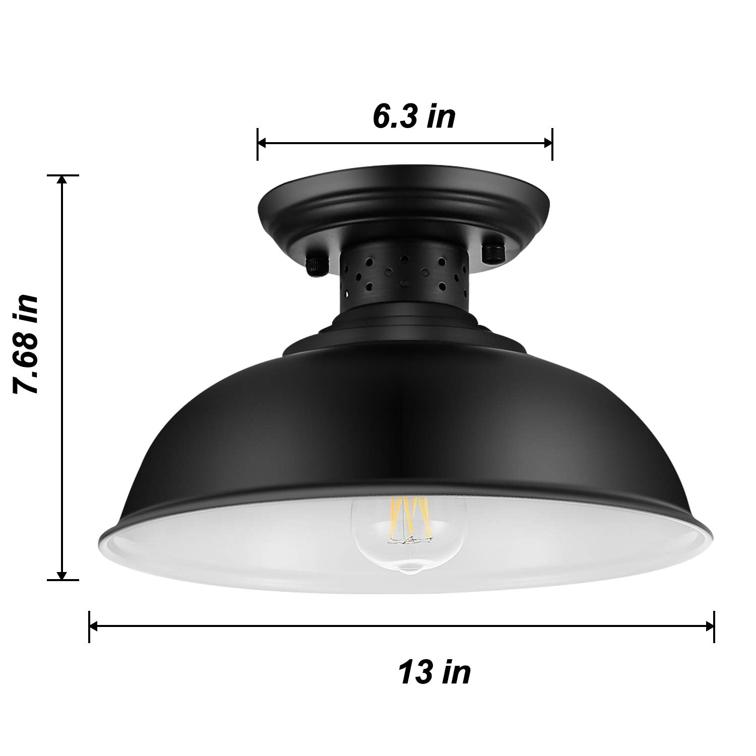 Industrial Semi Flush Mount Ceiling Light, Matte Black Farmhouse Light Fixture for Kitchen Island Dining Room Foyer Hallway Porch Barn Loft, Black, 13in