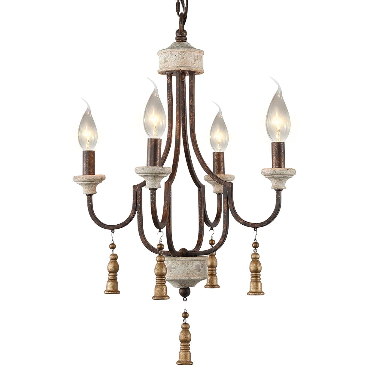 2024 New French Country Chandeliers for Dining Room, Handmade Grey Wood 4-Light Rustic Farmhouse Coastal Distressed Pendant Light for Kitchen Foyer Entryway Bedroom, with 4 Gold Wooden Pendants