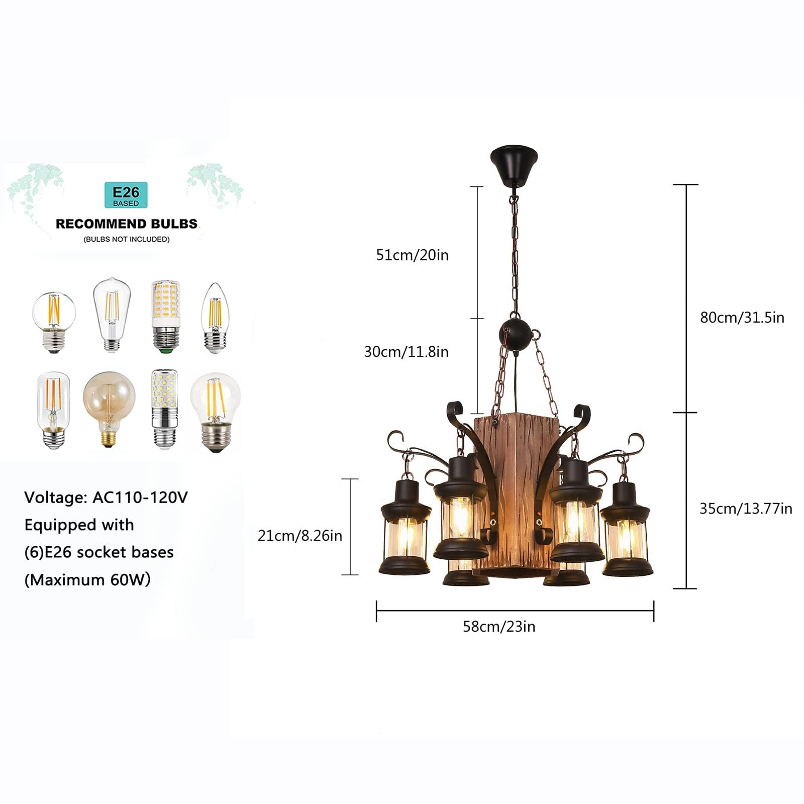 Distressed Wooden Chandelier Retro Rustic Pendant Light - Industrial Suspension Ceiling Light line Can be Adjusted ly for Dining Table Vintage Kitchen, Bar, Island (6 lamp)