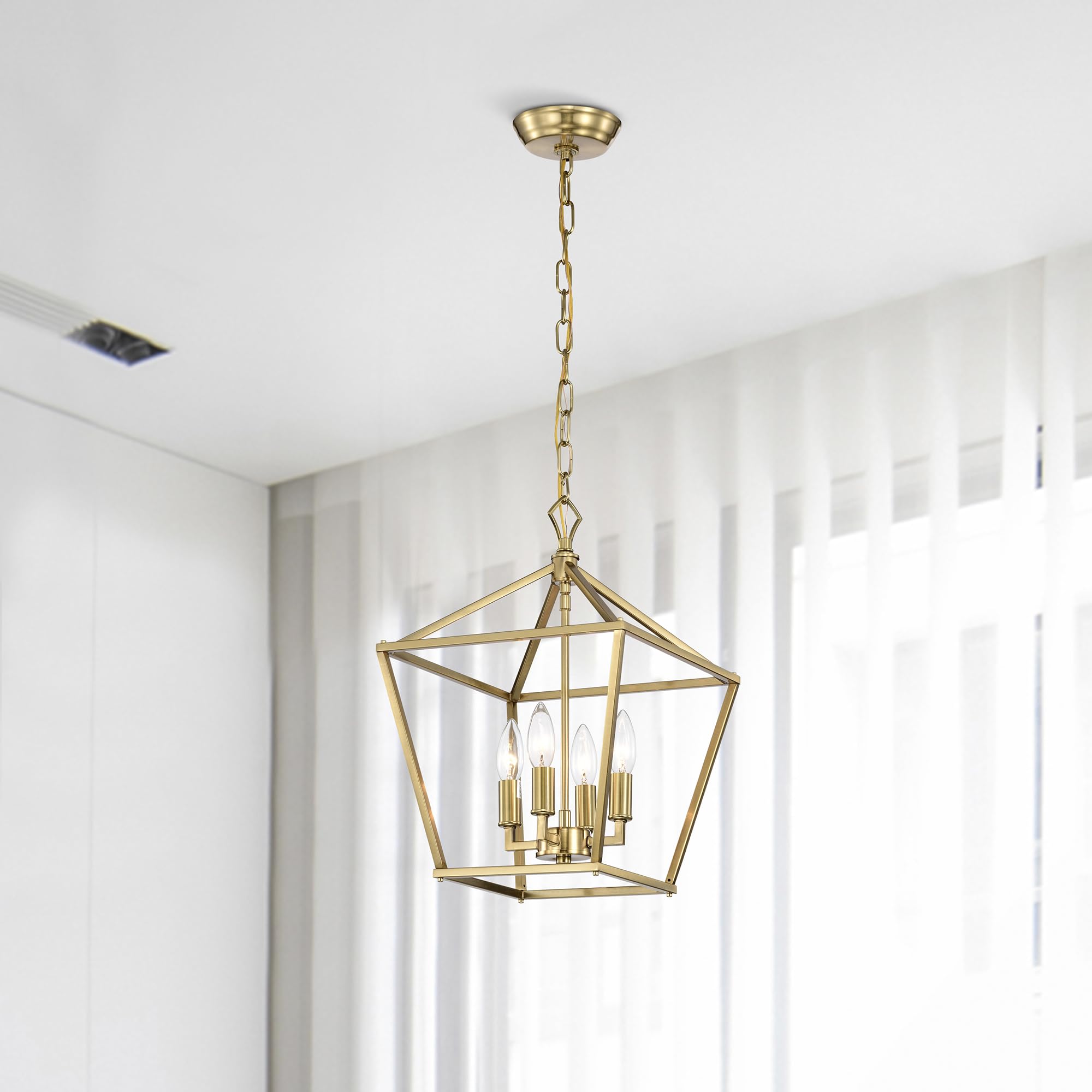 4-Light Gold Lantern Cage Pendant Light, 16 in. Adjustable Height Lantern Chandelier, Ceiling Hanging Light Fixtures E26 Bulbs for Kitchen Island Dining Room Foyer