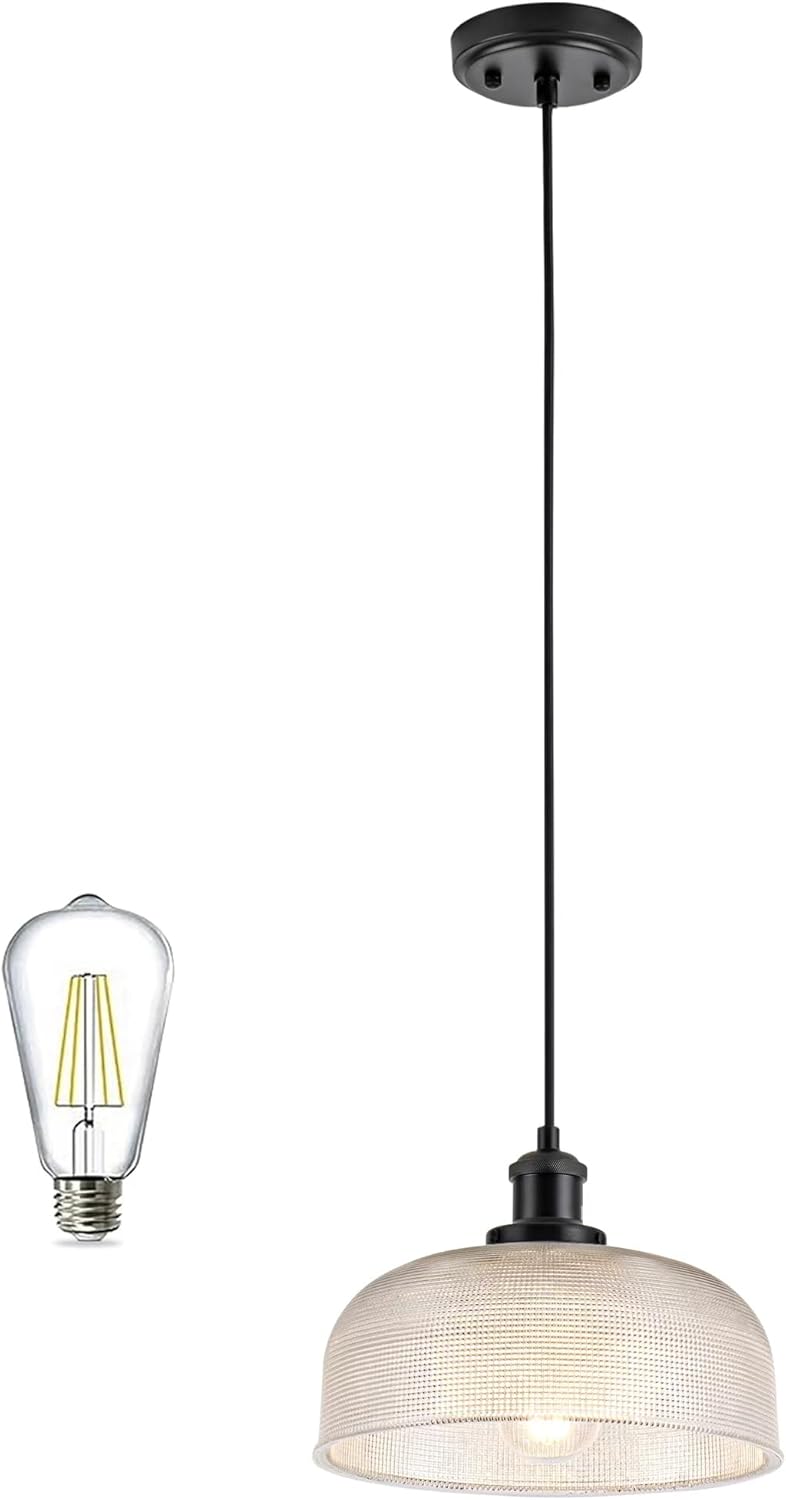 Black Industrial Pendant Light Farmhouse 1-Light with Adjustable Cord, Clear Bubble Glass Shade,Rectangle Cute Hanging Lights for Hallway, Kitchen Island, Dinning Room