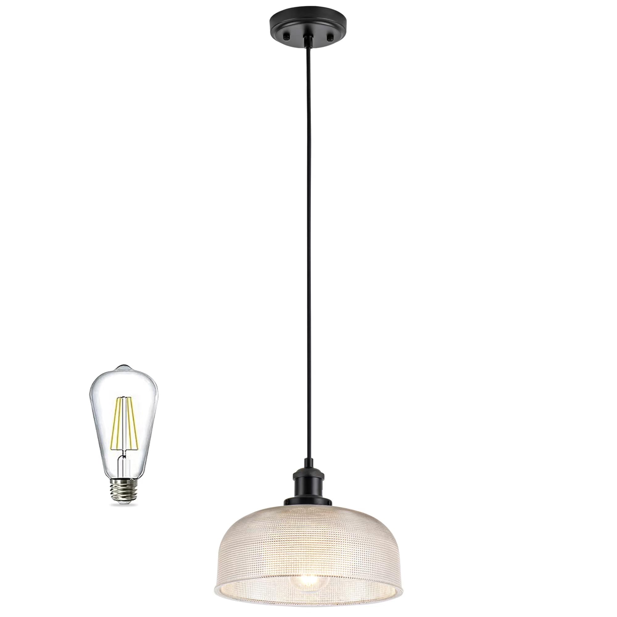 Black Industrial Pendant Light Farmhouse 1-Light with Adjustable Cord, Clear Bubble Glass Shade,Rectangle Cute Hanging Lights for Hallway, Kitchen Island, Dinning Room