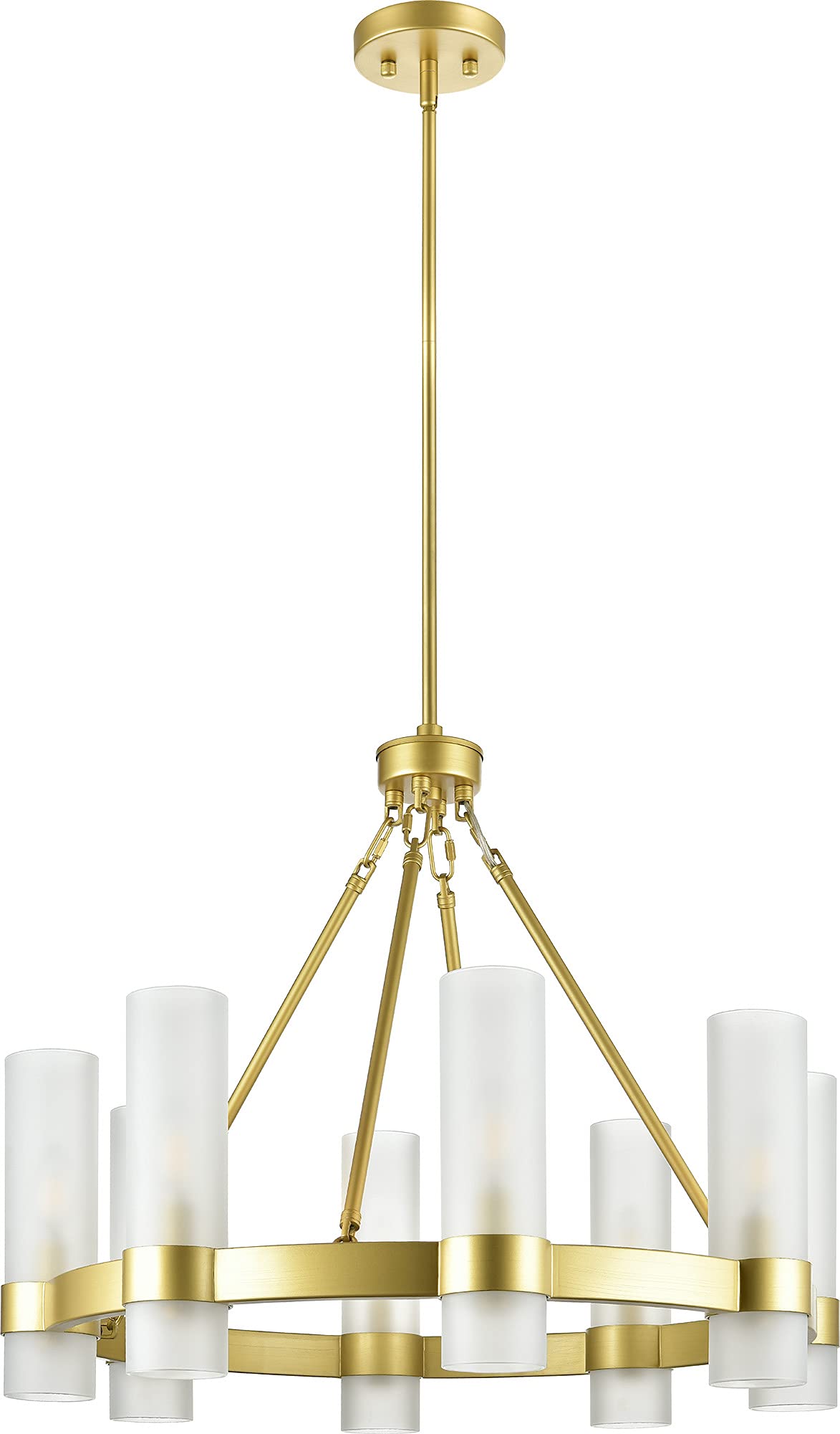 Gold Chandelier Dining Room Light Fixture Small Wagon Wheel Chandelier Round Industrial Modern Farmhouse Chandeliers for Dining Room Foyer, Frosted Glass, UL Listed