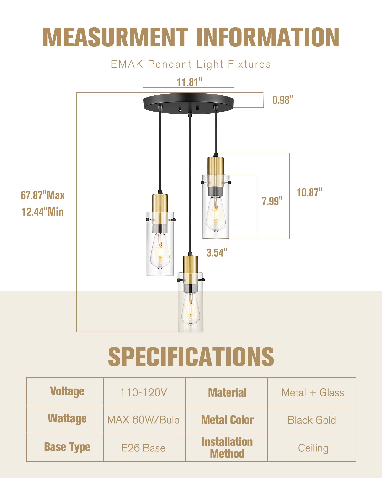 Emak Gold Pendant Light Fixtures, 3-Light Pendant Lights with Clear Glass Shade, Modern Farmhouse Hanging Lights for Kitchen Island, Dining Room, Bathroom, Bedroom, PL120-GD-CL