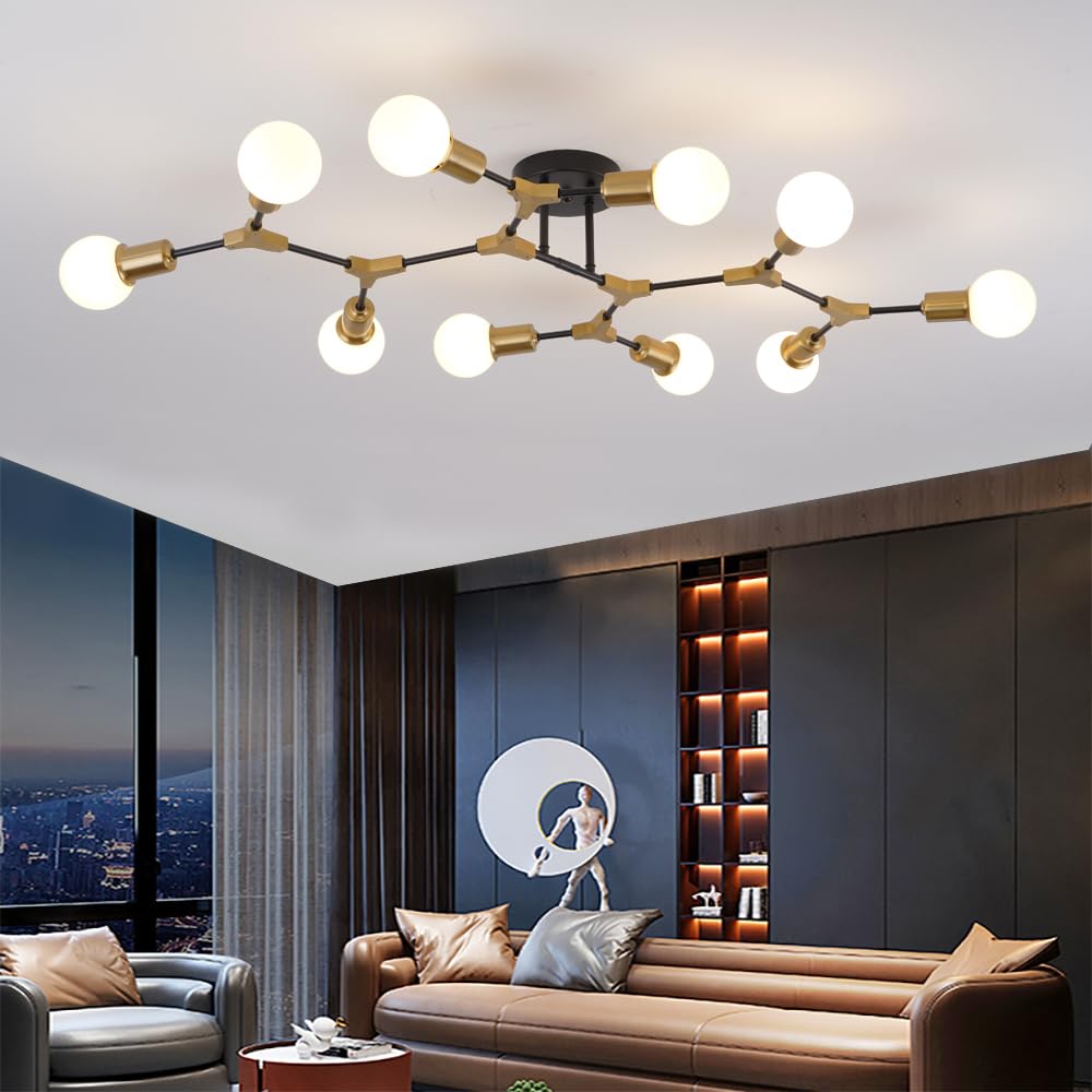 Modern Mid Centur 6 Light Semi Flush Mount Ceiling Lighting Fixture for Living Room Bedroom Dining Room Hallway Kitchen Office,Minimalist Gold and Black Sputnik Chandelier