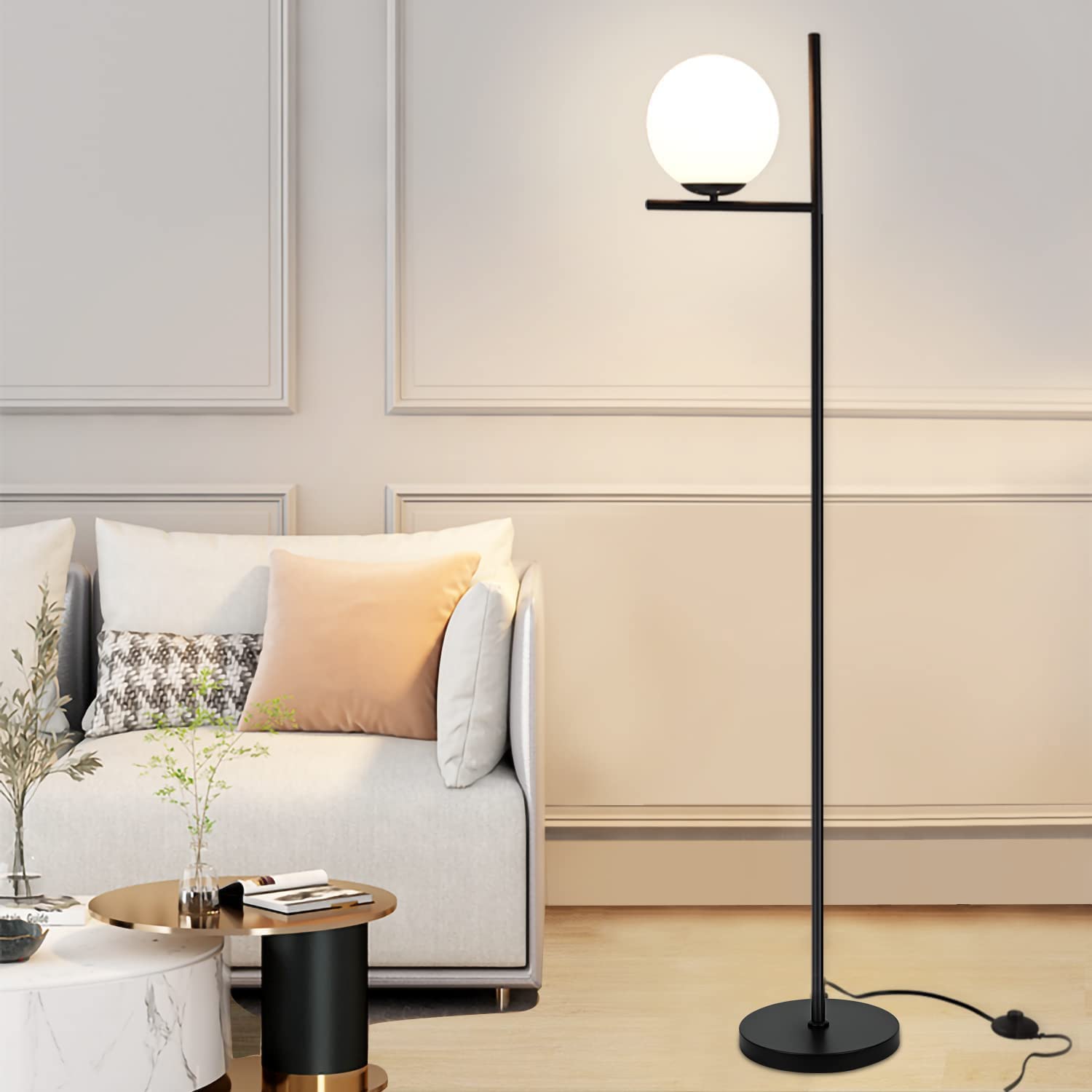 Modern LED Sphere Floor Lamp-9W Frosted Glass Globe Standing Lamps for bedroom, Energy Saving Mid Century Tall Pole Standing Accent lighting for Living Room, Office, Bedroom, Black