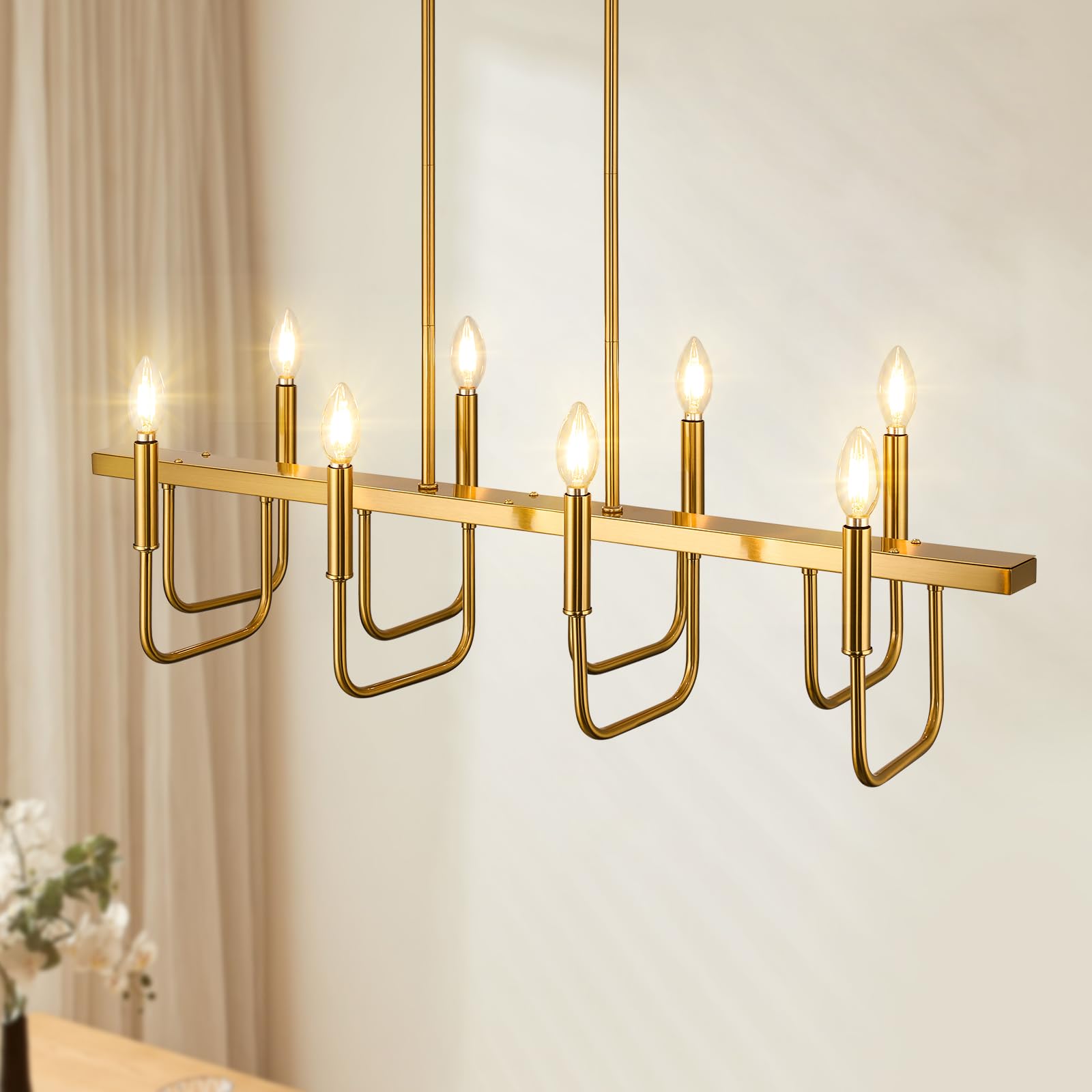 Rectangular Dining Room Light Fixtures Over Table, Linear Chandeliers for Dining Room, 8 Light Brushed Gold Chandelier Modern, Island Lights for Kitchen