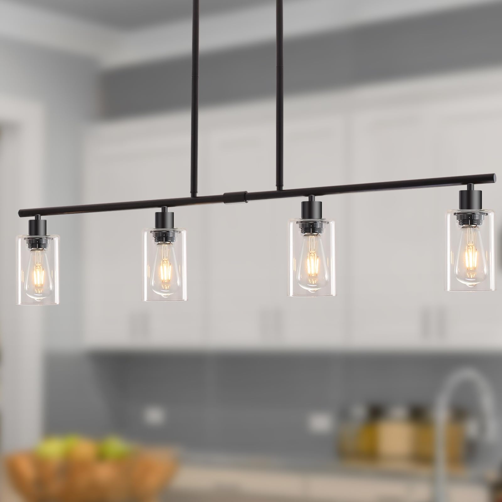 Kitchen Island Lighting, 3 Lights Linear Chandeliers Rectangle Pendant Light Fixtures for Dining Room Farmhouse Hanging Light with Glass Shades Hanging Lights - Gold