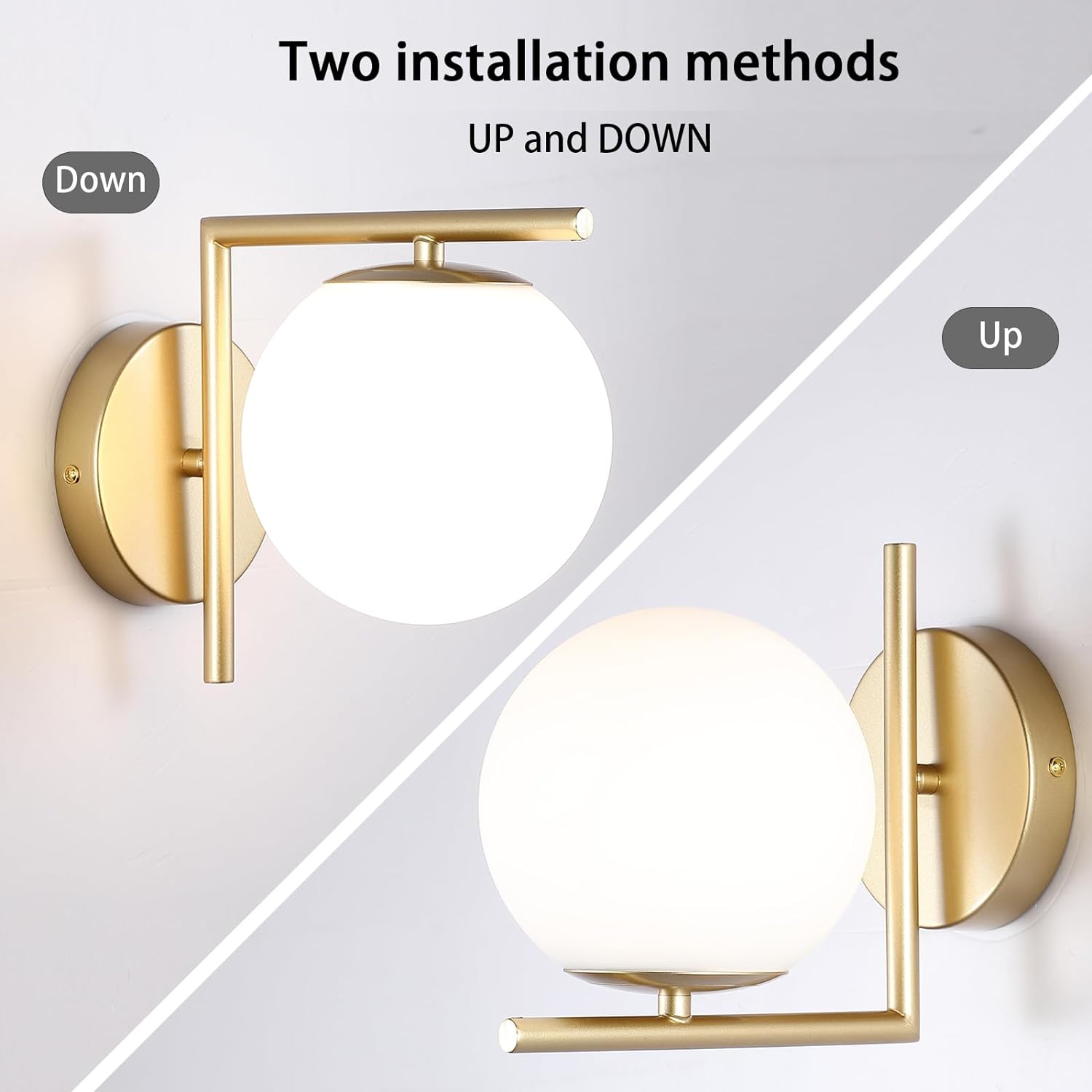 Gold Mid Century Wall Sconces Set of Two,Modern Sconces Wall Lighting Decor with Globe Milky White Glass Shade for Bedroom Kitchen Hallway Living Room Bathroom Vanity Light Fixture