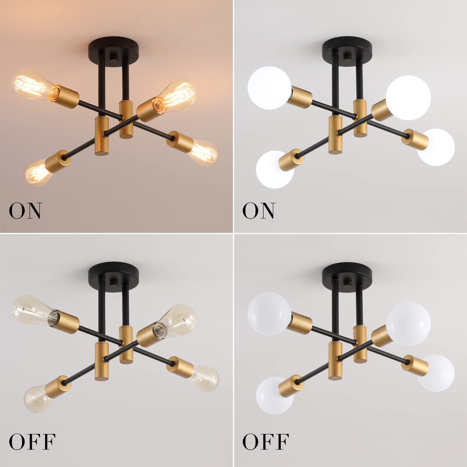 Gold Modern Sputnik Chandelier Ceiling Light Fixtures,6-Lights Industrial Metal Semi Flush Mount Ceiling Light for Bedroom Dining Room Living Room Kitchen Hallway UL Listed