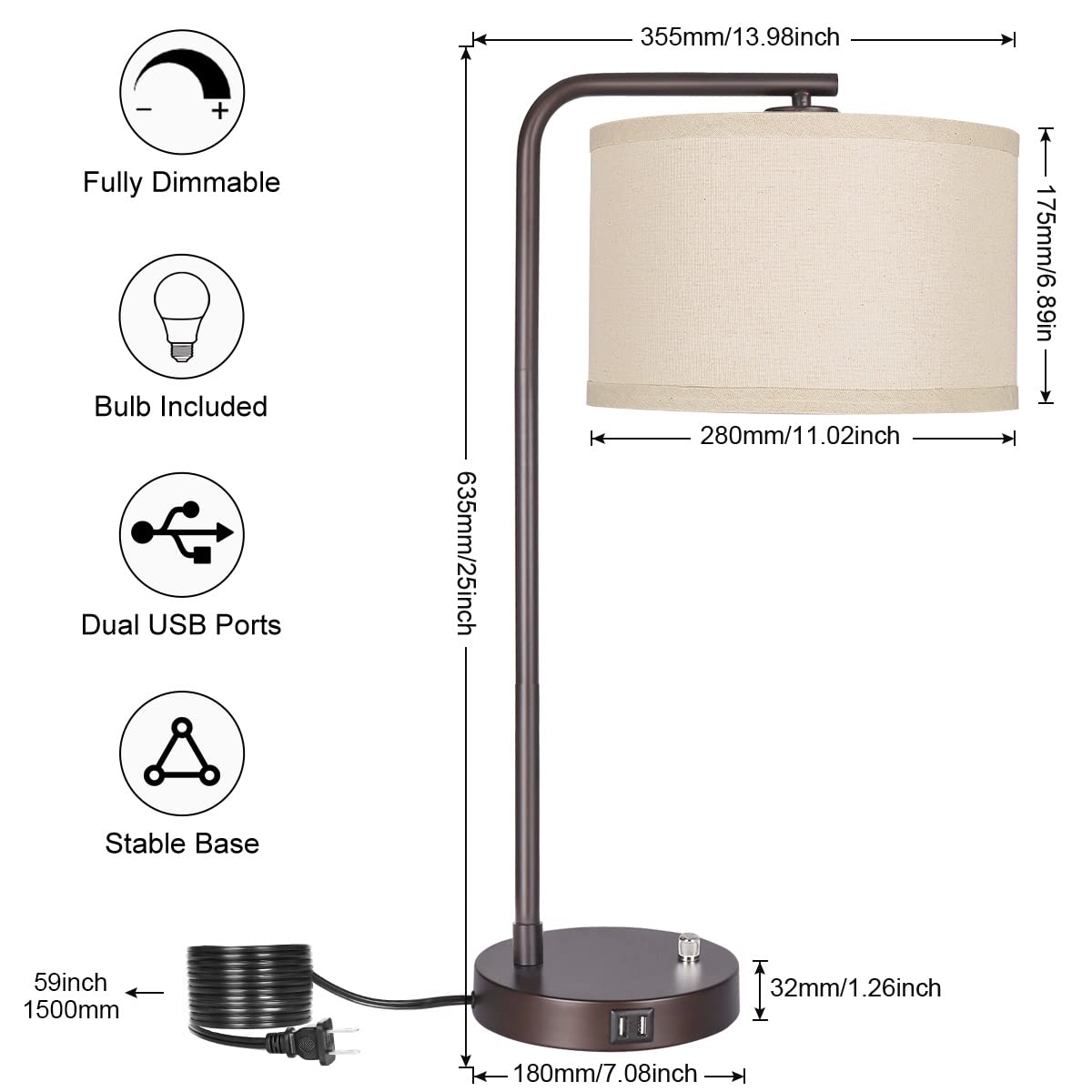 USB Bedside Lamp, Industrial Side Table Lamp with Dual USB Charging Ports, Fully Dimmable Nightstand Lamp, Tall Reading Lamp Desk Lamp for Bedroom, Living Room, Office, 9W LED Bulb Included