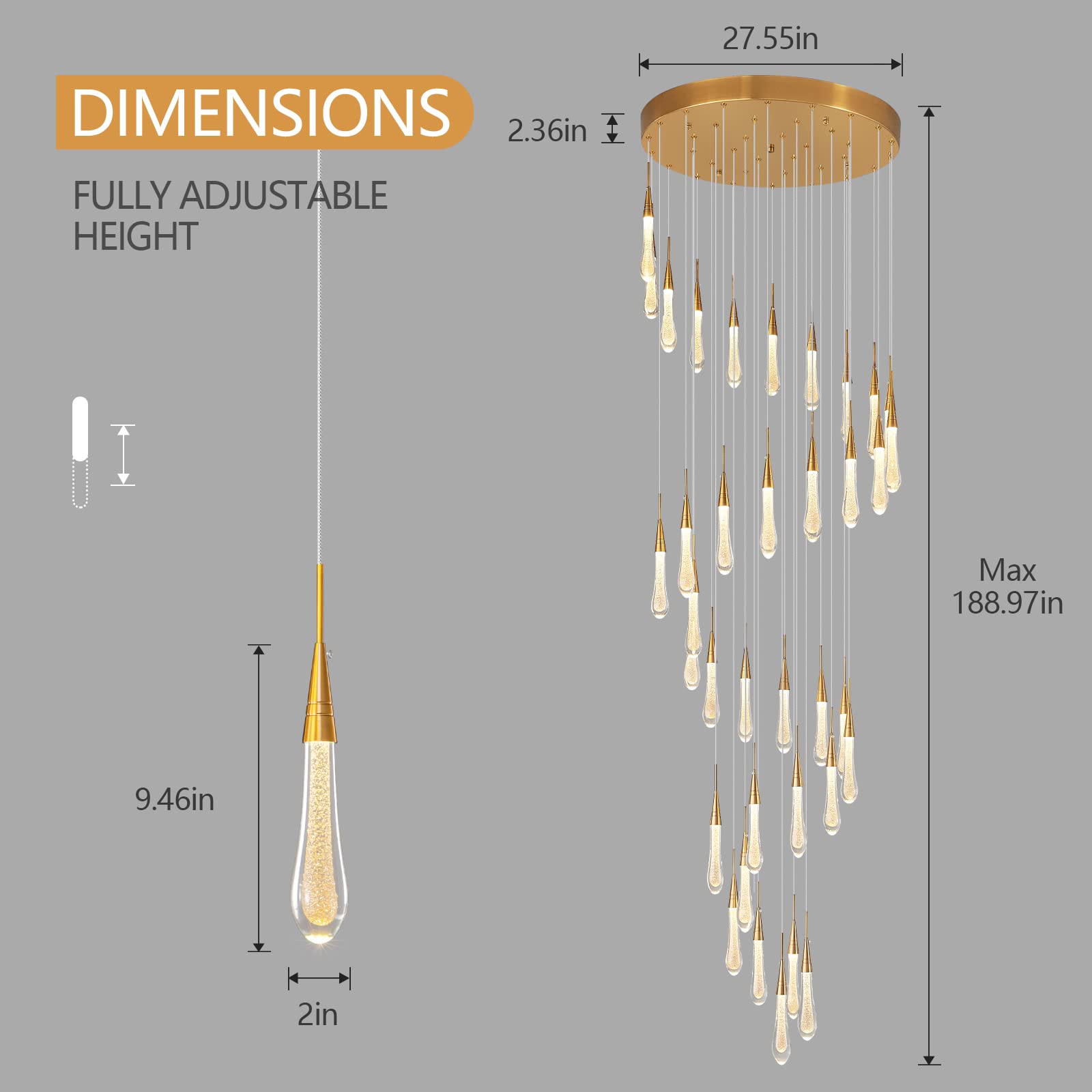 Kitchen Light Fixtures Ceiling Dimmable LED Modern Gold Pendant Light Mini Teardrop Crystal Pendant Light for Kitchen Island Bedroom Hallway Entryway (5-Light)