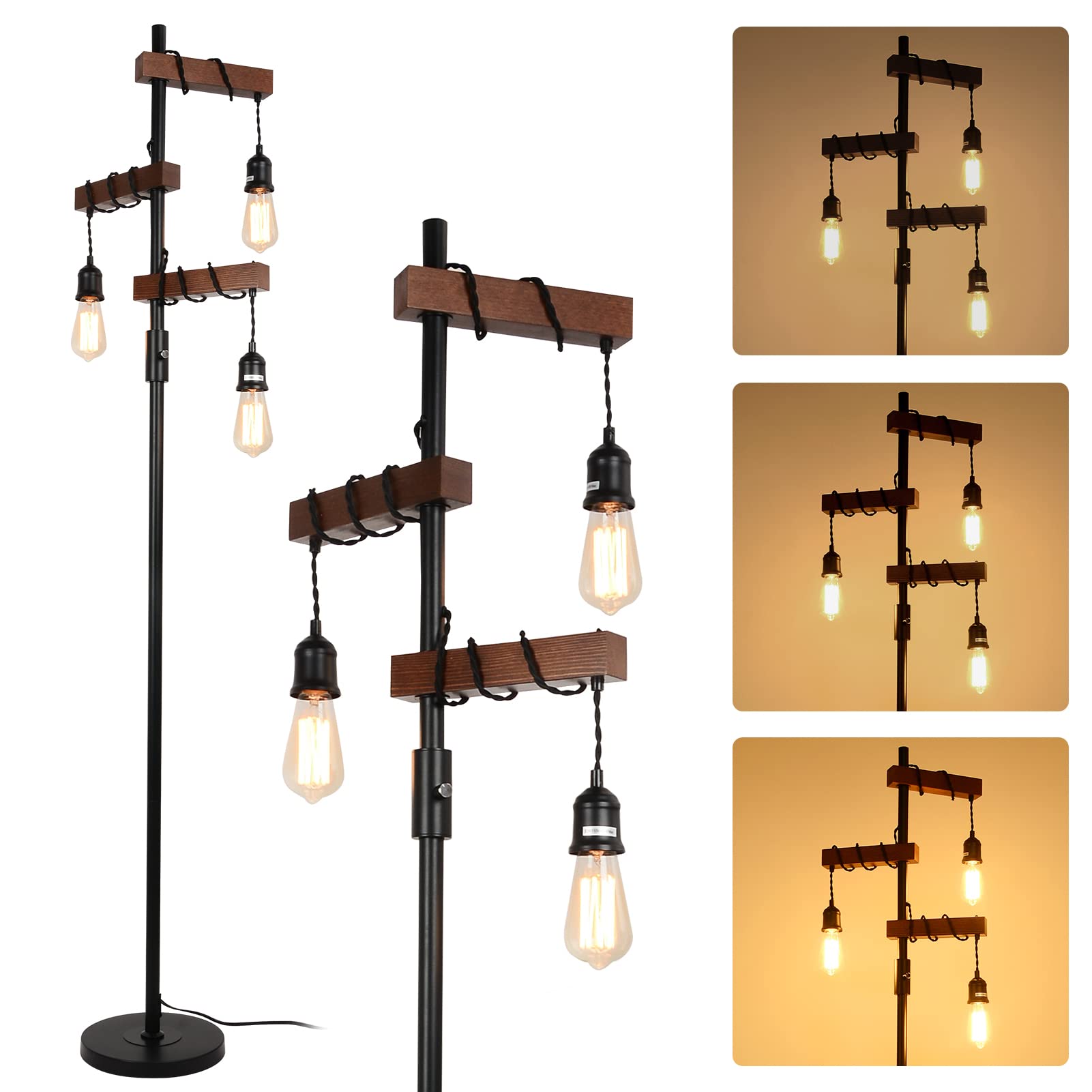 Dimmable Industrial Floor Lamp, Farmhouse Tree Floor Lamp, 68 Inch 3 Lights Wood Standing Lamp, Sturdy Base Tall Vintage Pole Light, Metal Black Floor Lamps for Living Room Bedroom Office Rustic Home